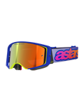 Alpinestars Supertech Vision Vista Goggles, gogle motocrossowe, niebieska ramka z neonowo-żółtymi akcentami, pomarańczowo-czerwona lustrzana soczewka, jasnofioletowy pasek z różowym i pomarańczowym brandingiem „astars”, napis „ONE GOAL. ONE VISION.” na soczewce