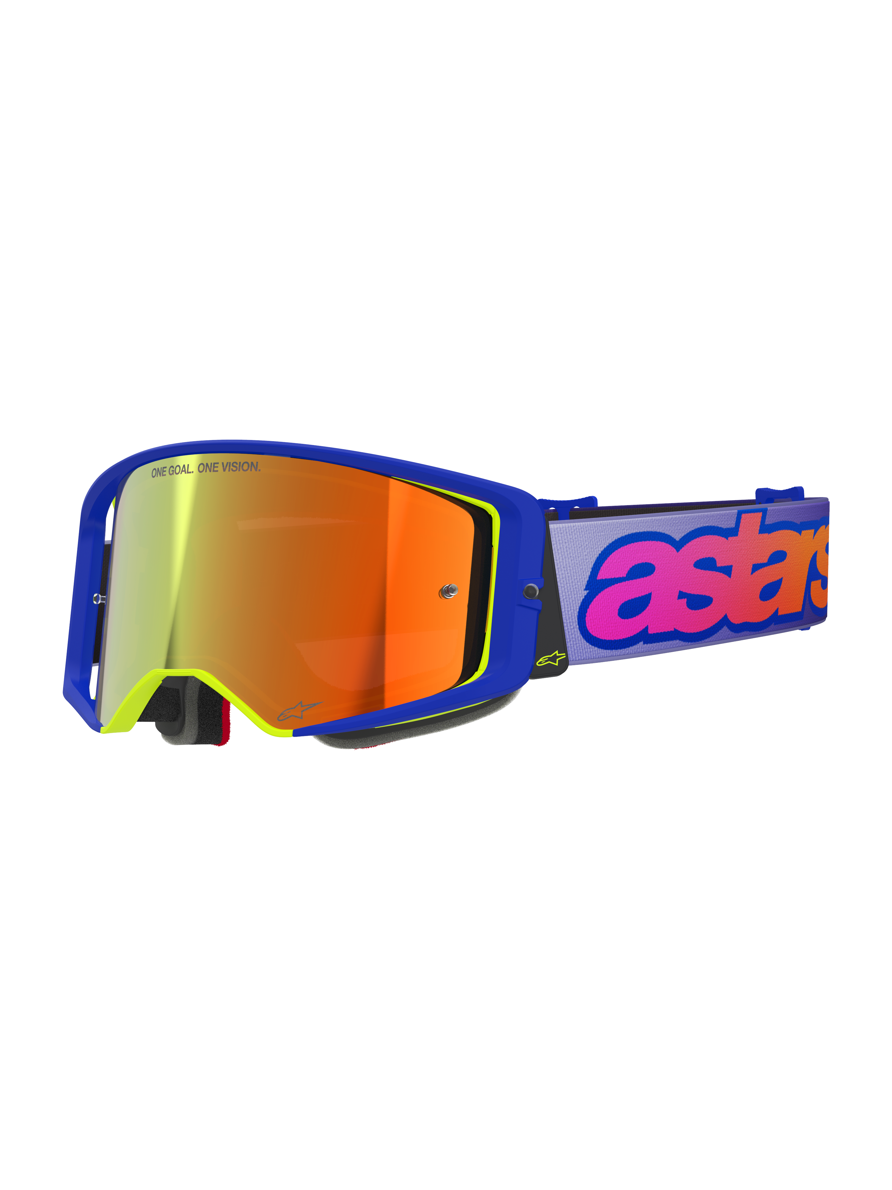 Alpinestars Supertech Vision Vista Goggles, gogle motocrossowe, niebieska ramka z neonowo-żółtymi akcentami, pomarańczowo-czerwona lustrzana soczewka, jasnofioletowy pasek z różowym i pomarańczowym brandingiem „astars”, napis „ONE GOAL. ONE VISION.” na soczewce