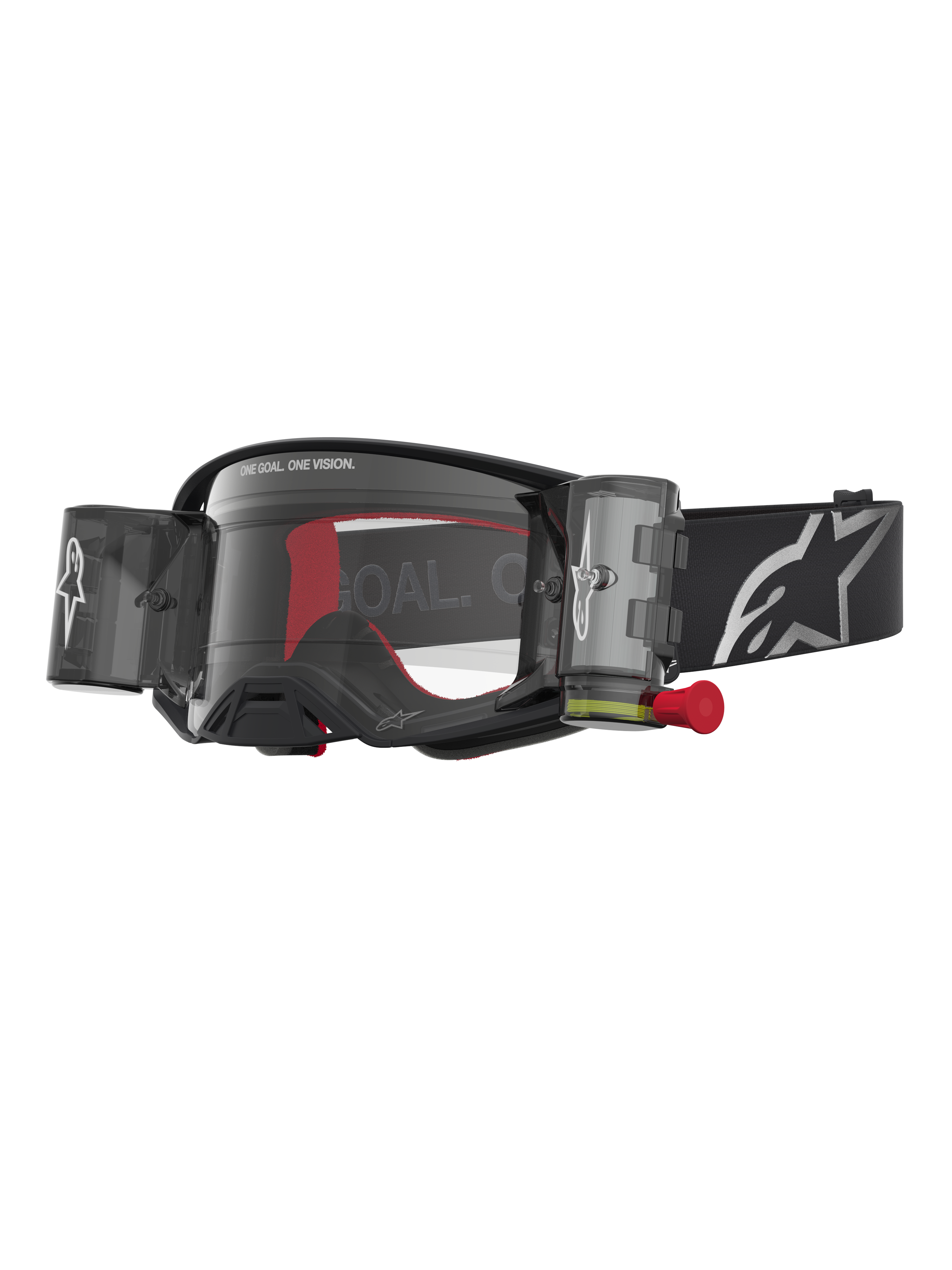 Gogle Alpinestars Supertech Firma Roll Off, wyścigowe gogle motocrossowe, czarne i srebrne, zintegrowany system Roll-Off i przezroczysta szybka zapewniająca widoczność off-road.