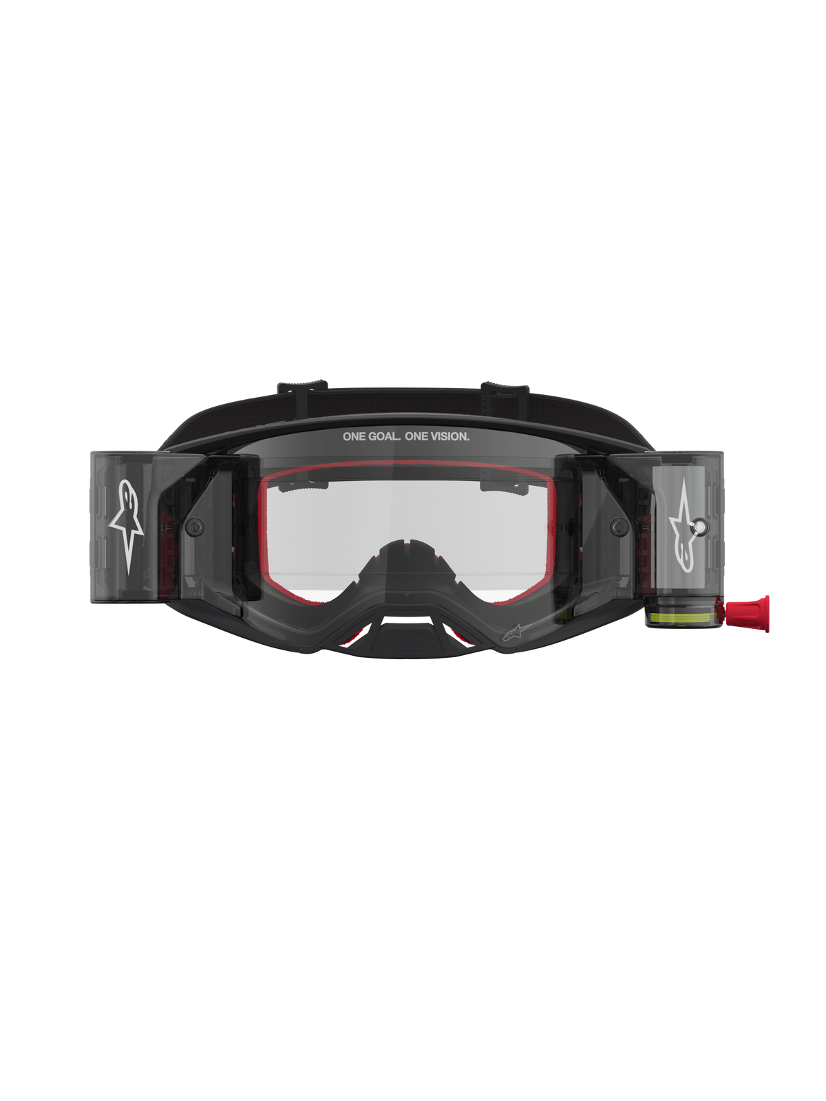 Gogle Alpinestars Supertech Firma Roll Off, motocrossowe, czarne i srebrne, system roll-off i przezroczysta soczewka.