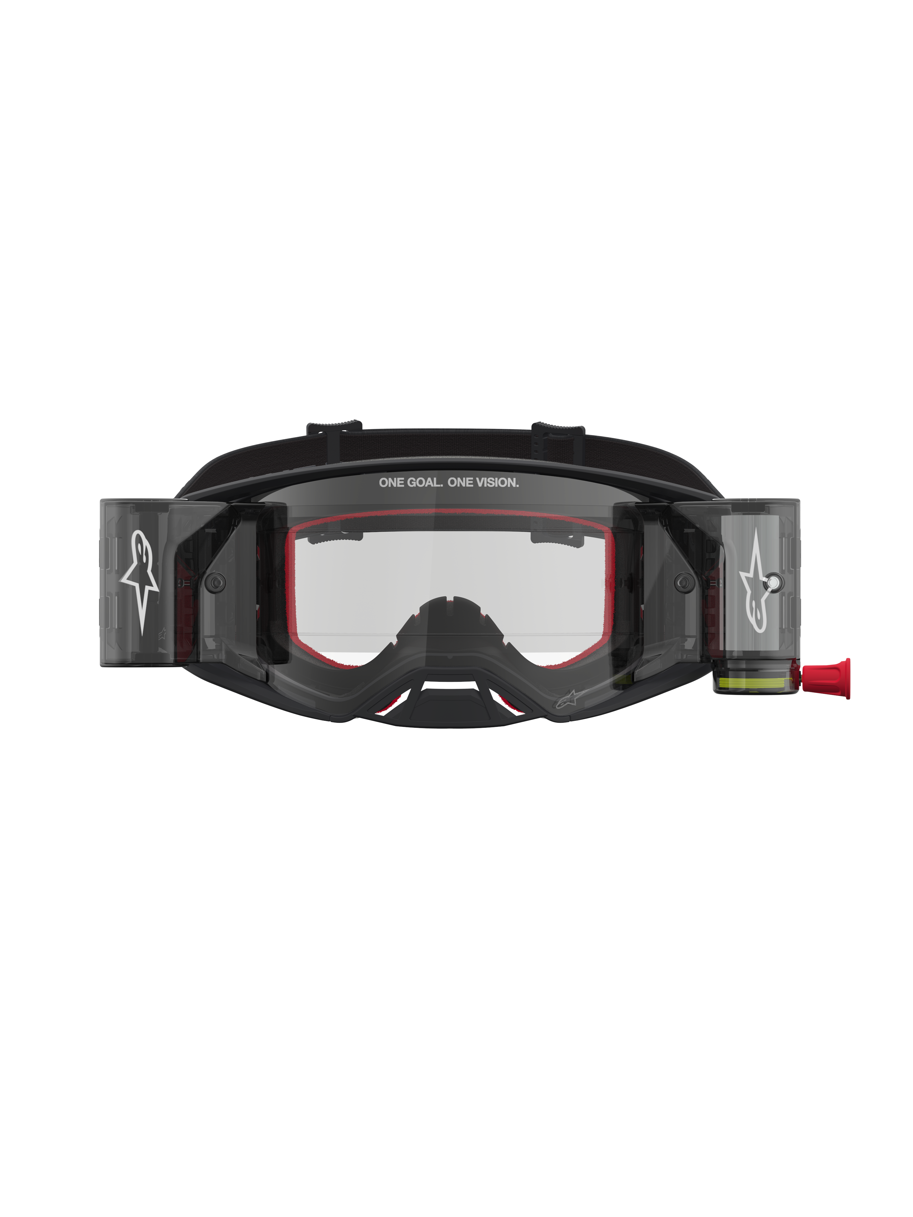 Gogle Alpinestars Supertech Firma Roll Off, motocrossowe, czarne i srebrne, system roll-off i przezroczysta soczewka.