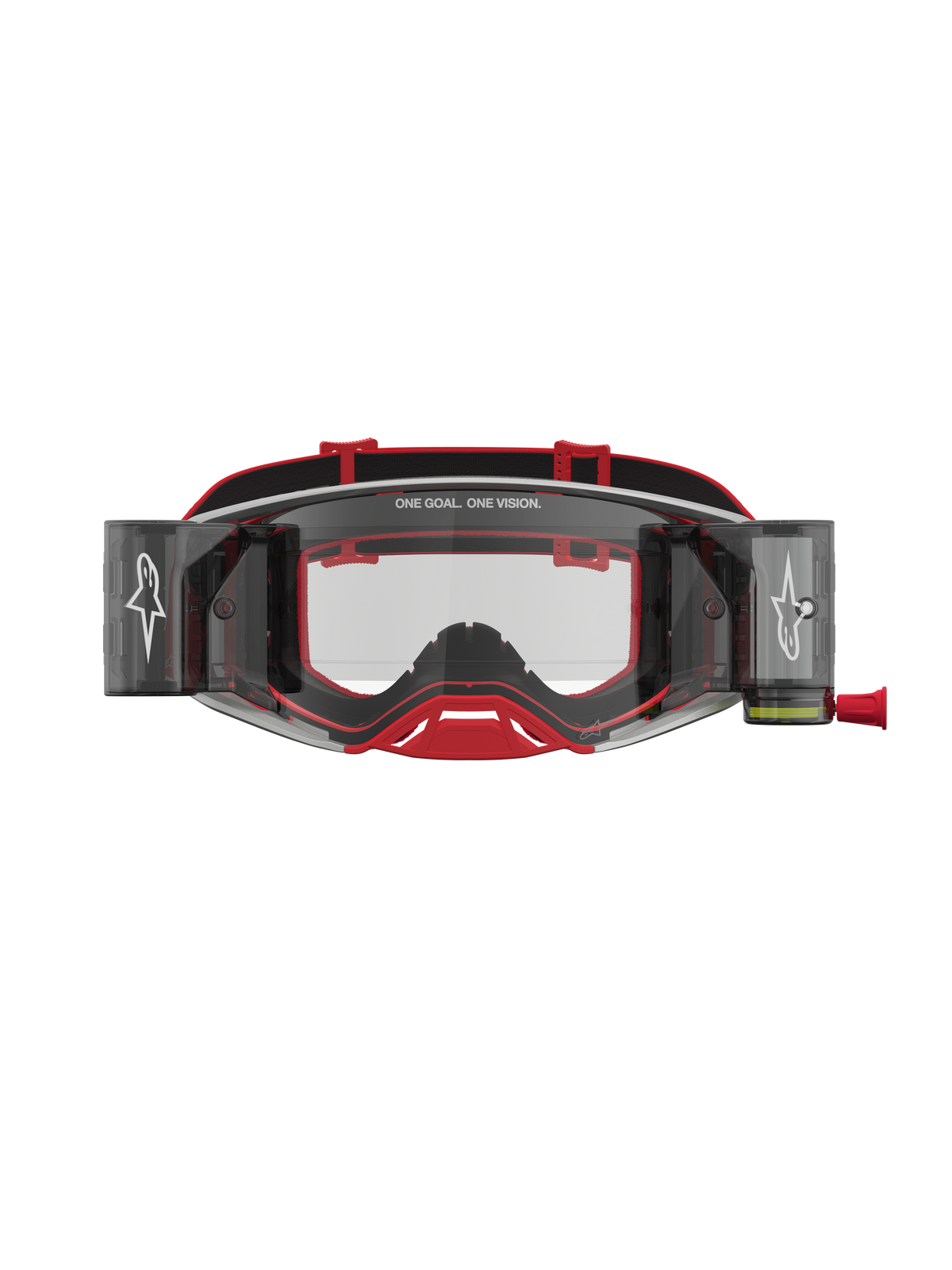 Gogle Alpinestars Supertech Firma Roll Off, czerwone i srebrne gogle motocrossowe z systemem roll-off i przezroczystymi soczewkami do jazdy terenowej.