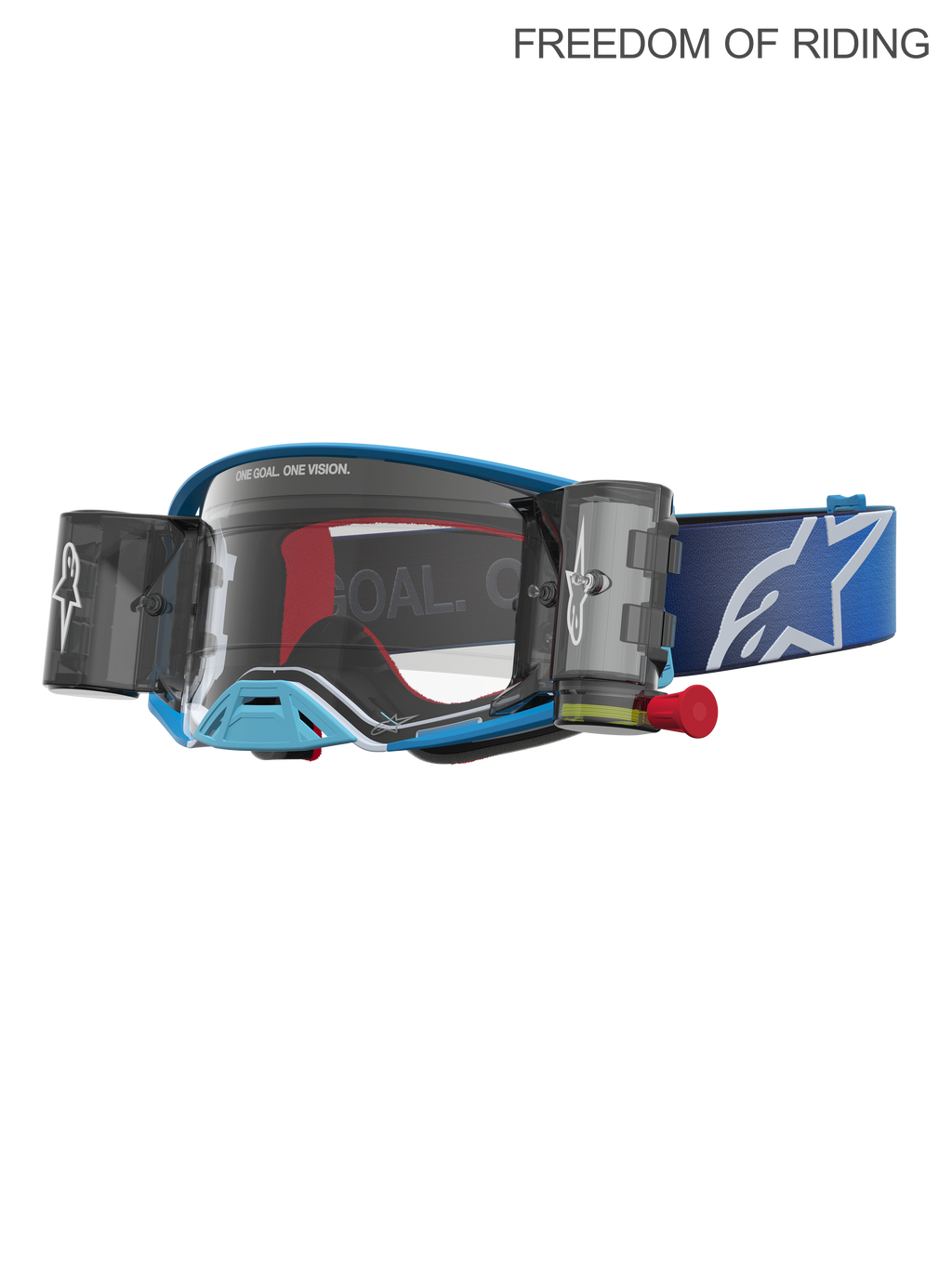 Alpinestars Supertech Firma, gogle motocyklowe do motocrossu i off-roadu, niebieskie i srebrne, wyposażone w zintegrowany system roll-off zapewniający wyraźną widoczność, soczewka z poliwęglanu o wysokiej przejrzystości, szeroki niebieski pasek z białym logo.