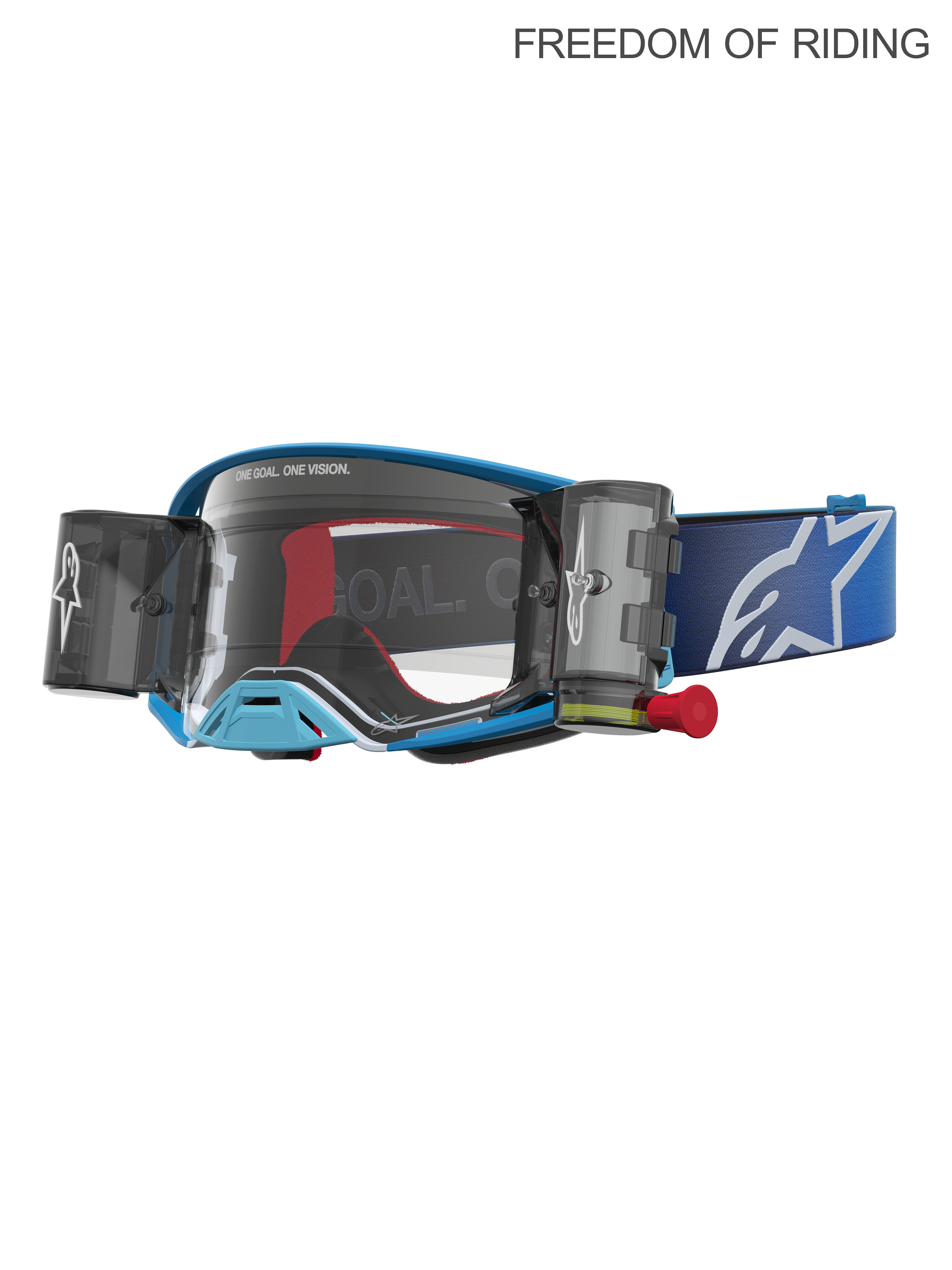 Alpinestars Supertech Firma, gogle motocyklowe do motocrossu i off-roadu, niebieskie i srebrne, wyposażone w zintegrowany system roll-off zapewniający wyraźną widoczność, soczewka z poliwęglanu o wysokiej przejrzystości, szeroki niebieski pasek z białym logo.