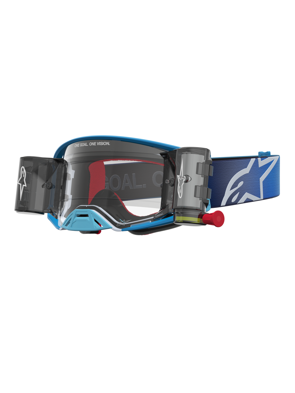 Alpinestars gogle Supertech Firma System Roll-Off, niebieskie gogle motocrossowe z przezroczystą szybką i zintegrowanymi kanistrami, niebieski pasek z białym logo, profesjonalny sprzęt off-road