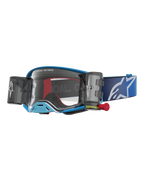 Alpinestars gogle Supertech Firma System Roll-Off, niebieskie gogle motocrossowe z przezroczystą szybką i zintegrowanymi kanistrami, niebieski pasek z białym logo, profesjonalny sprzęt off-road