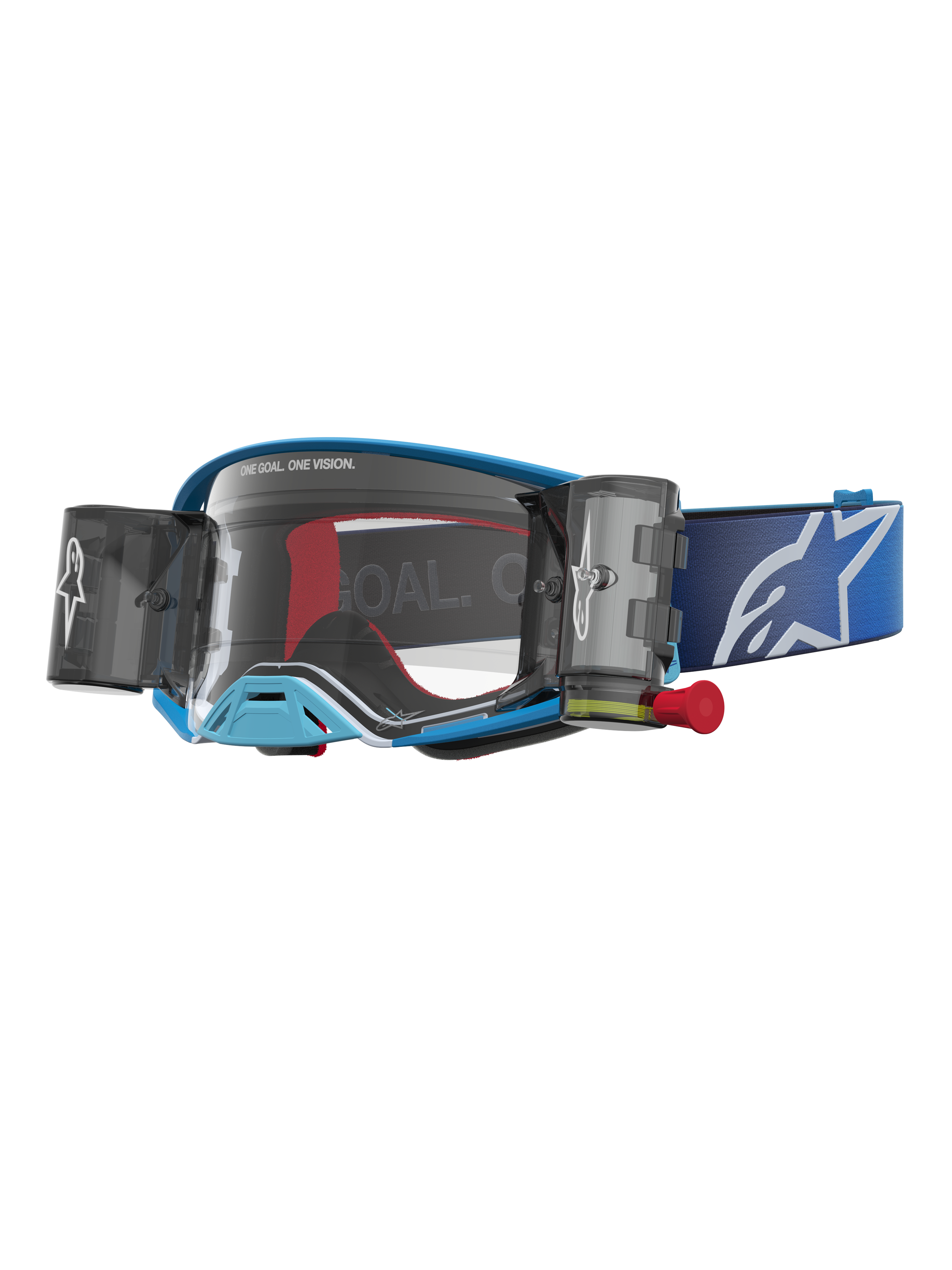 Alpinestars gogle Supertech Firma System Roll-Off, niebieskie gogle motocrossowe z przezroczystą szybką i zintegrowanymi kanistrami, niebieski pasek z białym logo, profesjonalny sprzęt off-road