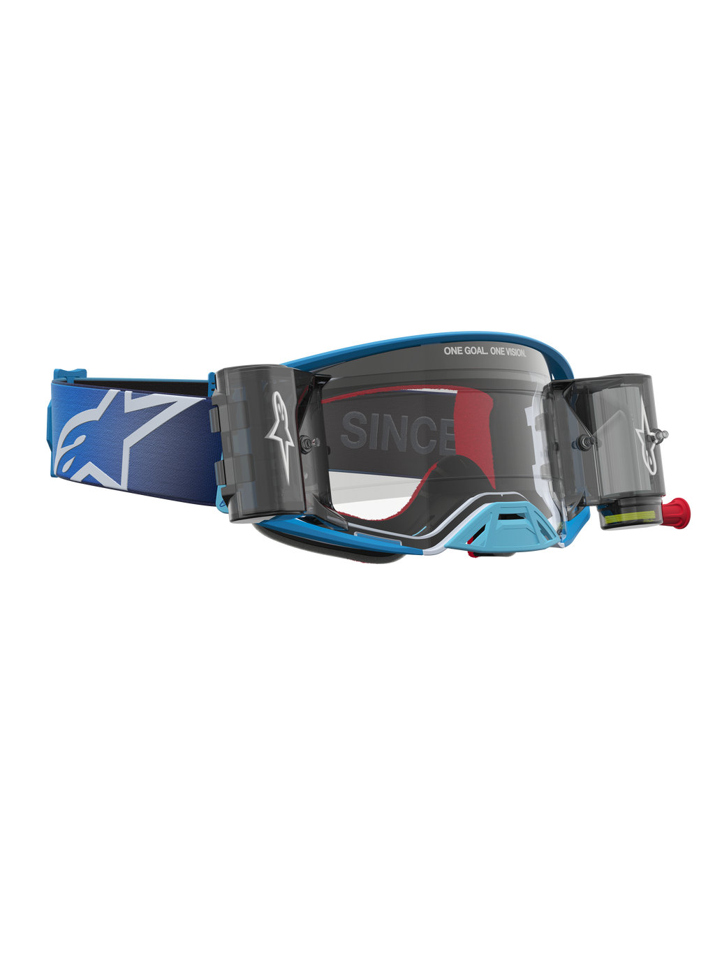 Alpinestars Gogle Supertech Firma System Roll-Off, niebiesko-srebrne gogle motocrossowe z systemem roll-off i przezroczystą soczewką.