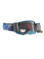 Alpinestars Gogle Supertech Firma System Roll-Off, niebiesko-srebrne gogle motocrossowe z systemem roll-off i przezroczystą soczewką.