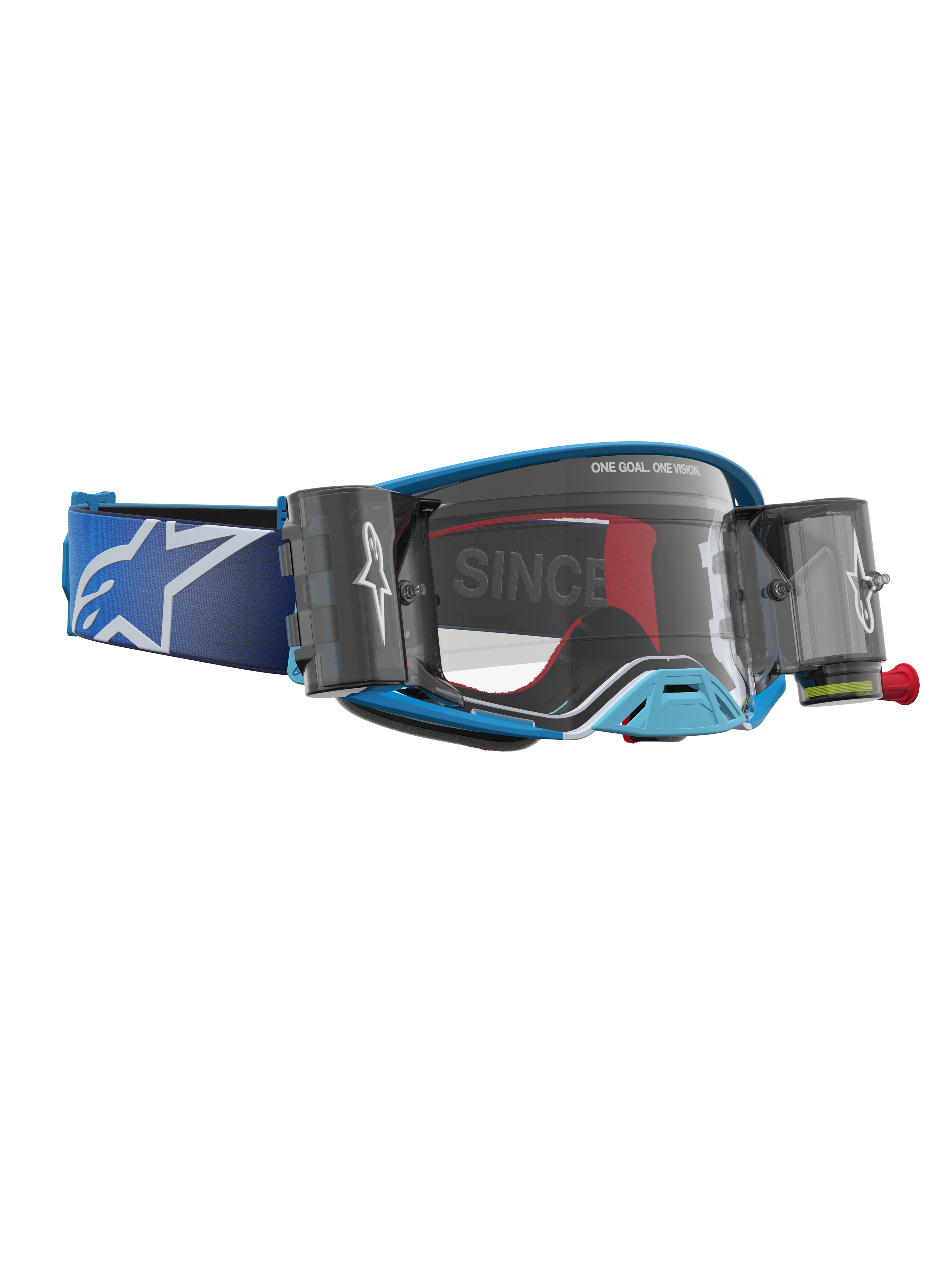 Alpinestars Gogle Supertech Firma System Roll-Off, niebiesko-srebrne gogle motocrossowe z systemem roll-off i przezroczystą soczewką.
