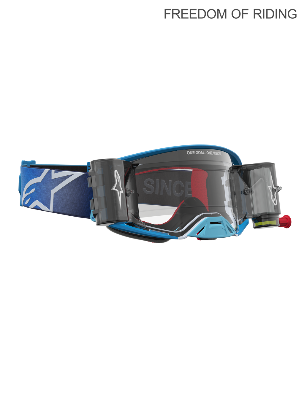 Alpinestars gogle Supertech Firma System Roll-Off, gogle motocrossowe i off-road, niebieskie i srebrne, przezroczysta soczewka, zintegrowane kanistry systemu roll-off zapewniające czystość widzenia w błocie i kurzu.