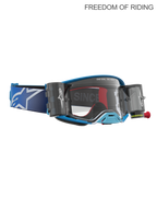 Alpinestars gogle Supertech Firma System Roll-Off, gogle motocrossowe i off-road, niebieskie i srebrne, przezroczysta soczewka, zintegrowane kanistry systemu roll-off zapewniające czystość widzenia w błocie i kurzu.