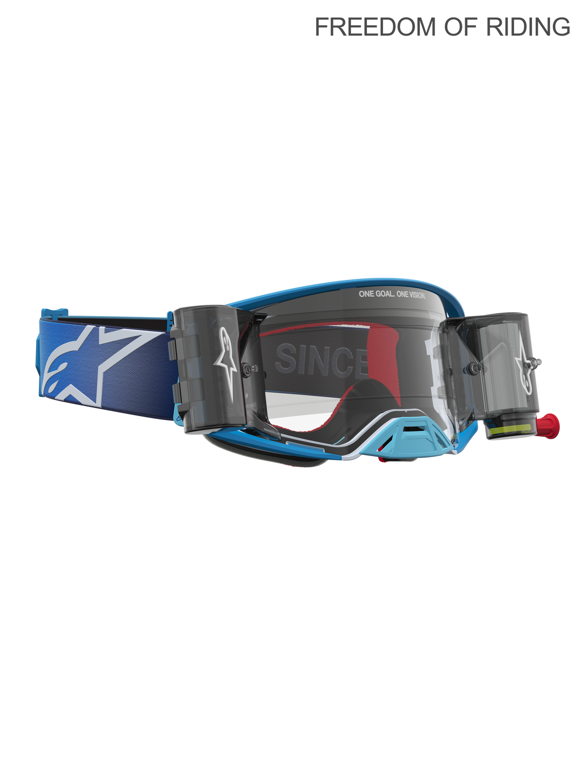 Alpinestars gogle Supertech Firma System Roll-Off, gogle motocrossowe i off-road, niebieskie i srebrne, przezroczysta soczewka, zintegrowane kanistry systemu roll-off zapewniające czystość widzenia w błocie i kurzu.