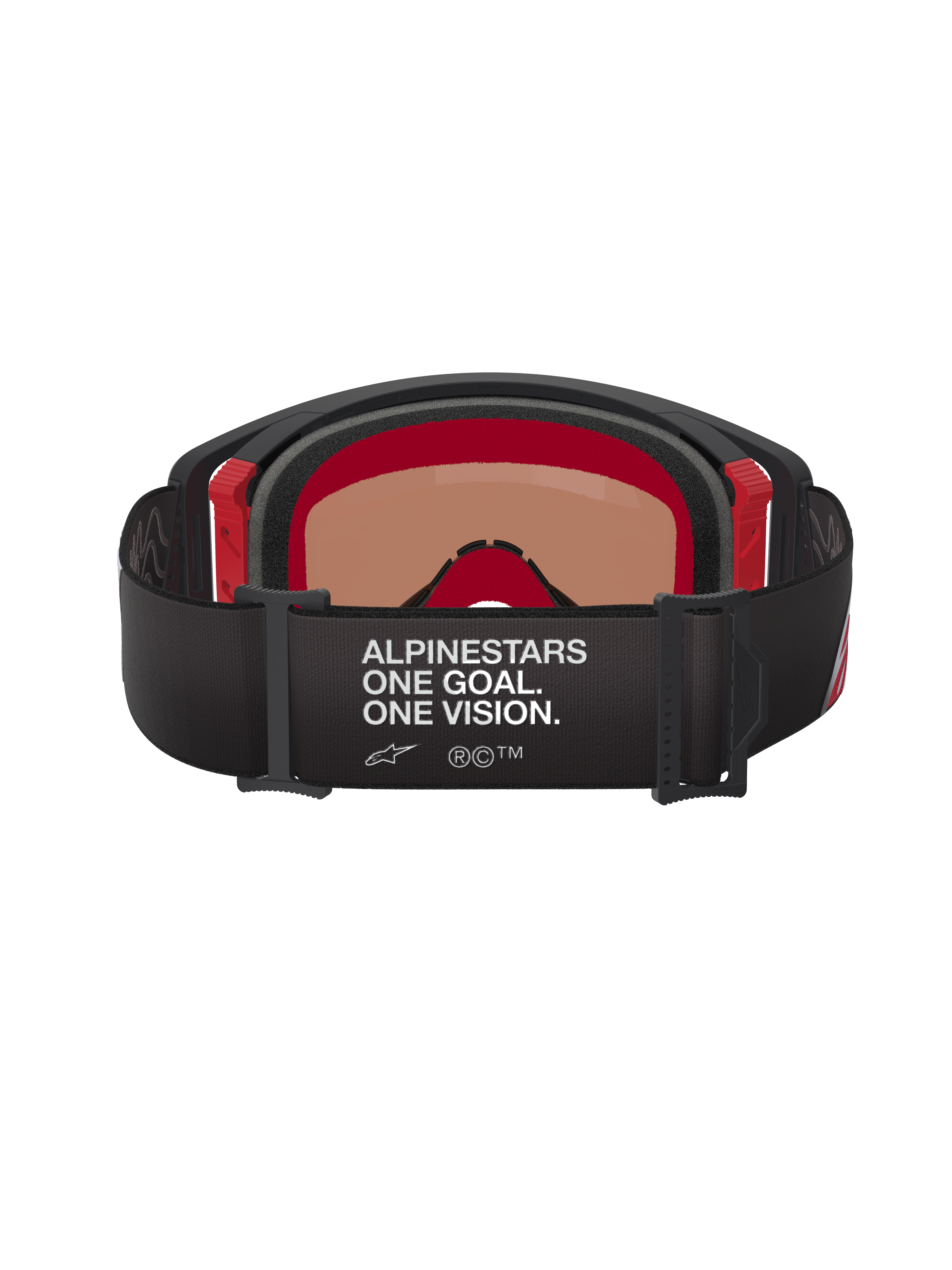 Gogle Alpinestars Supertech Corp Absolute Vision, widok z tyłu, czarno-czerwone, biały napis „ALPINESTARS ONE GOAL. ONE VISION.” na szerokim czarnym pasku, czerwone akcenty wewnętrznej ramki, profesjonalne gogle motocrossowe