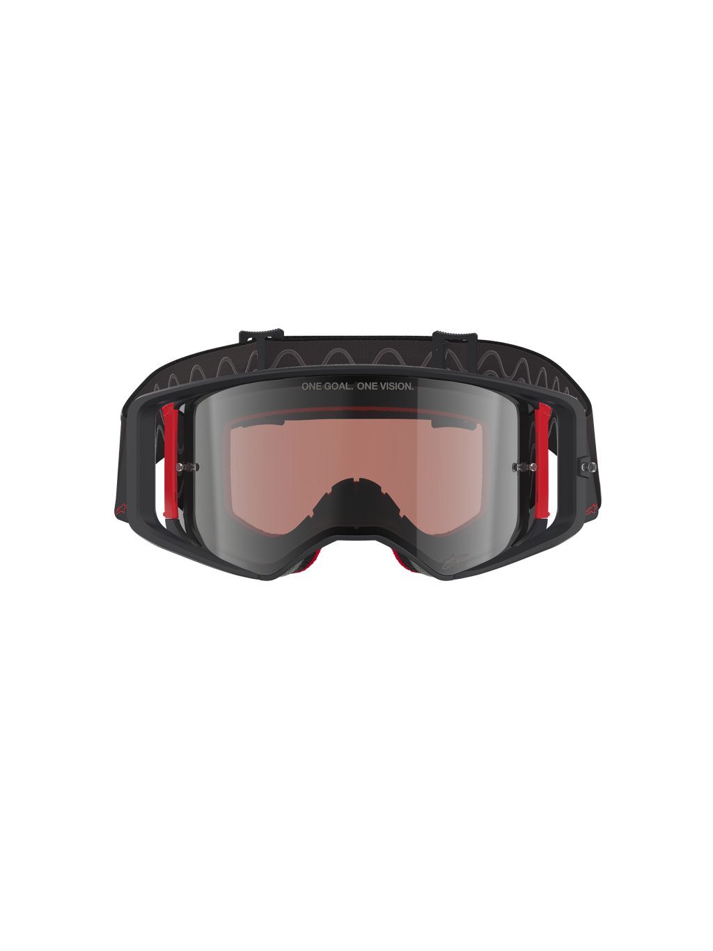 Gogle Alpinestars Supertech Corp Absolute Vision, gogle motocrossowe, czarno-czerwona oprawka ze srebrną lustrzaną szybką, z napisem „ONE GOAL. ONE VISION.” na górnej ramce i czerwonymi bocznymi akcentami, profesjonalna ochrona oczu do motocrossu