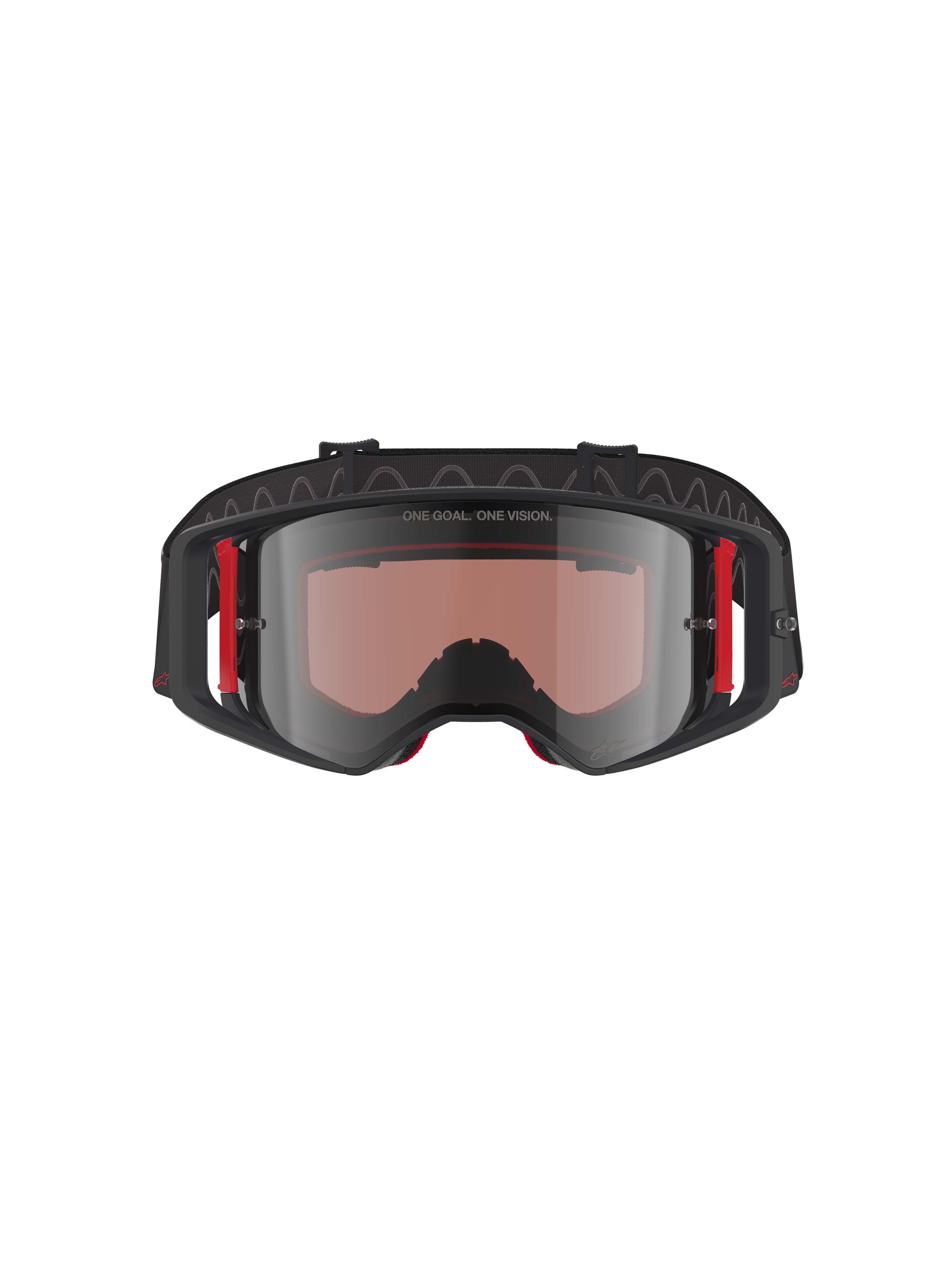 Gogle Alpinestars Supertech Corp Absolute Vision, gogle motocrossowe, czarno-czerwona oprawka ze srebrną lustrzaną szybką, z napisem „ONE GOAL. ONE VISION.” na górnej ramce i czerwonymi bocznymi akcentami, profesjonalna ochrona oczu do motocrossu