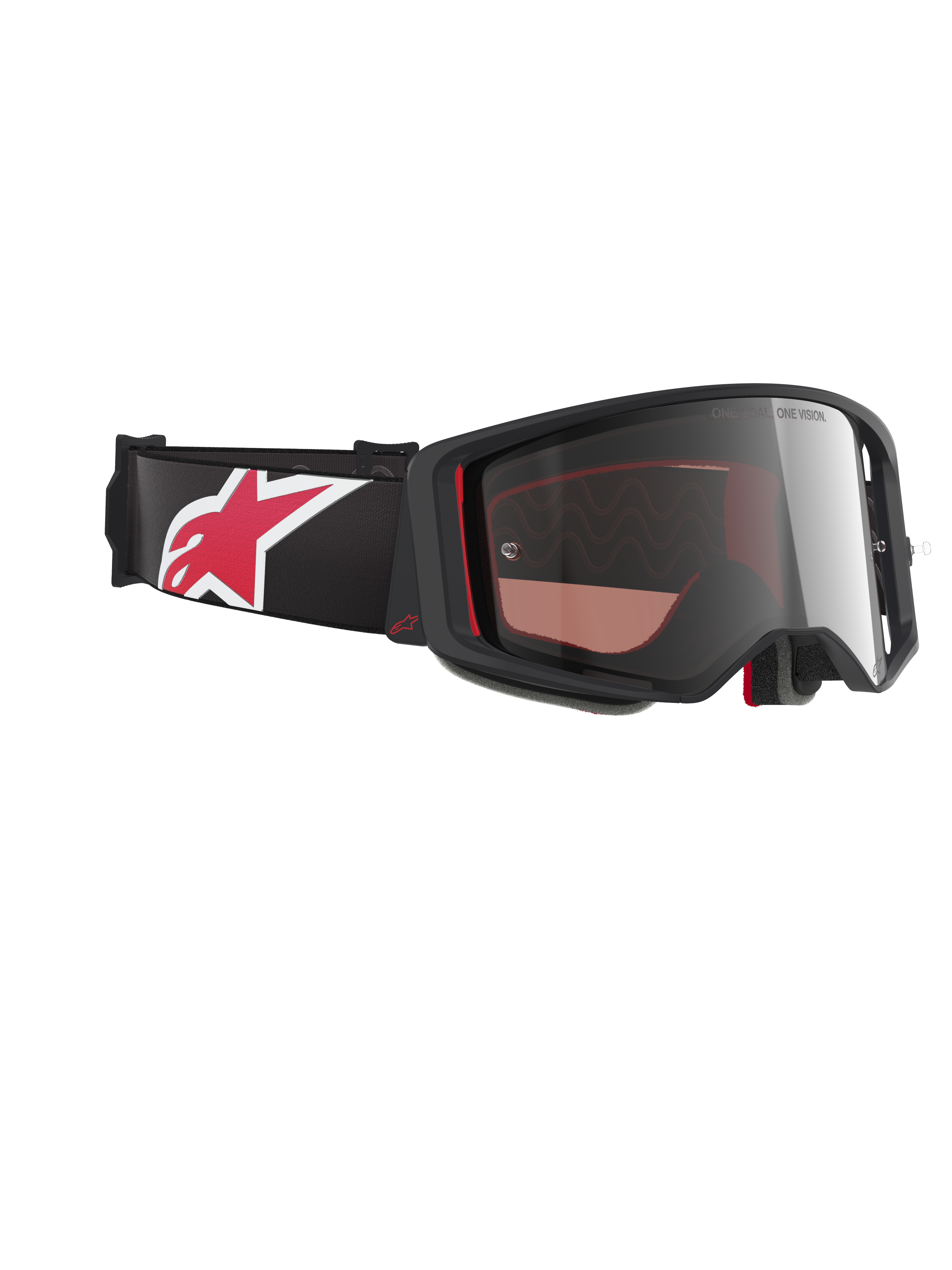 Alpinestars Supertech Corp Goggles Absolute Vision, gogle motocrossowe, czarno-czerwone ze srebrną lustrzaną szybką, profil pod kątem pokazujący czarny pasek z dużym czerwono-białym logo gwiazdy, smukła konstrukcja oprawki do jazdy off-road