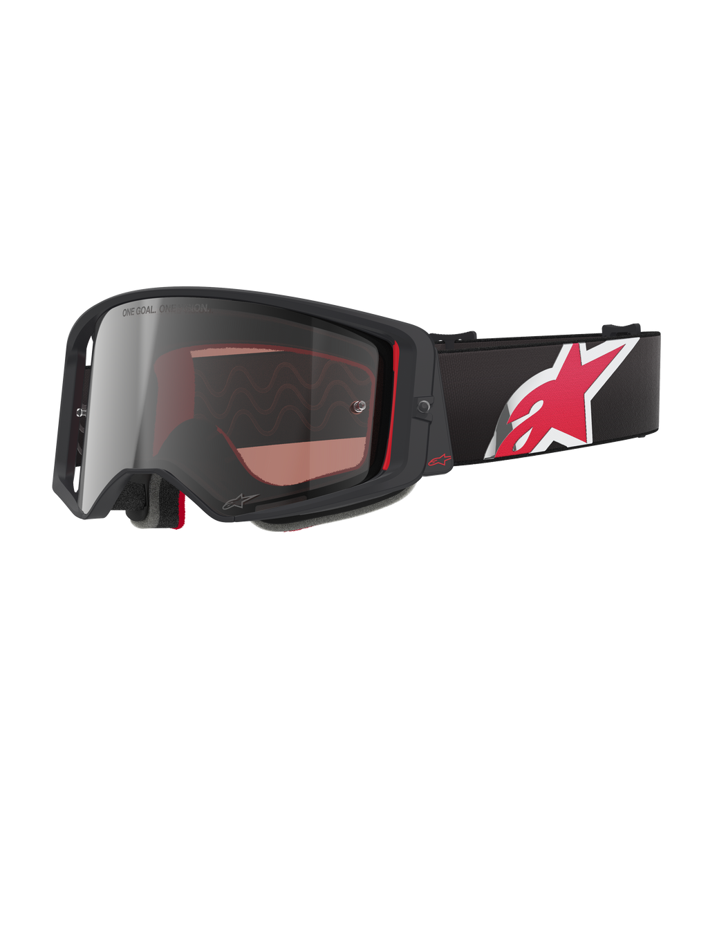 Alpinestars Supertech Corp Goggles Absolute Vision, gogle motocrossowe, czarno-czerwone ze srebrną lustrzaną soczewką, napis "ONE GOAL. ONE VISION.", czarny pasek z dużym czerwono-białym logo gwiazdy, kanciasta oprawka z piankowym wyściełaniem, profesjonalna ochrona oczu off-road