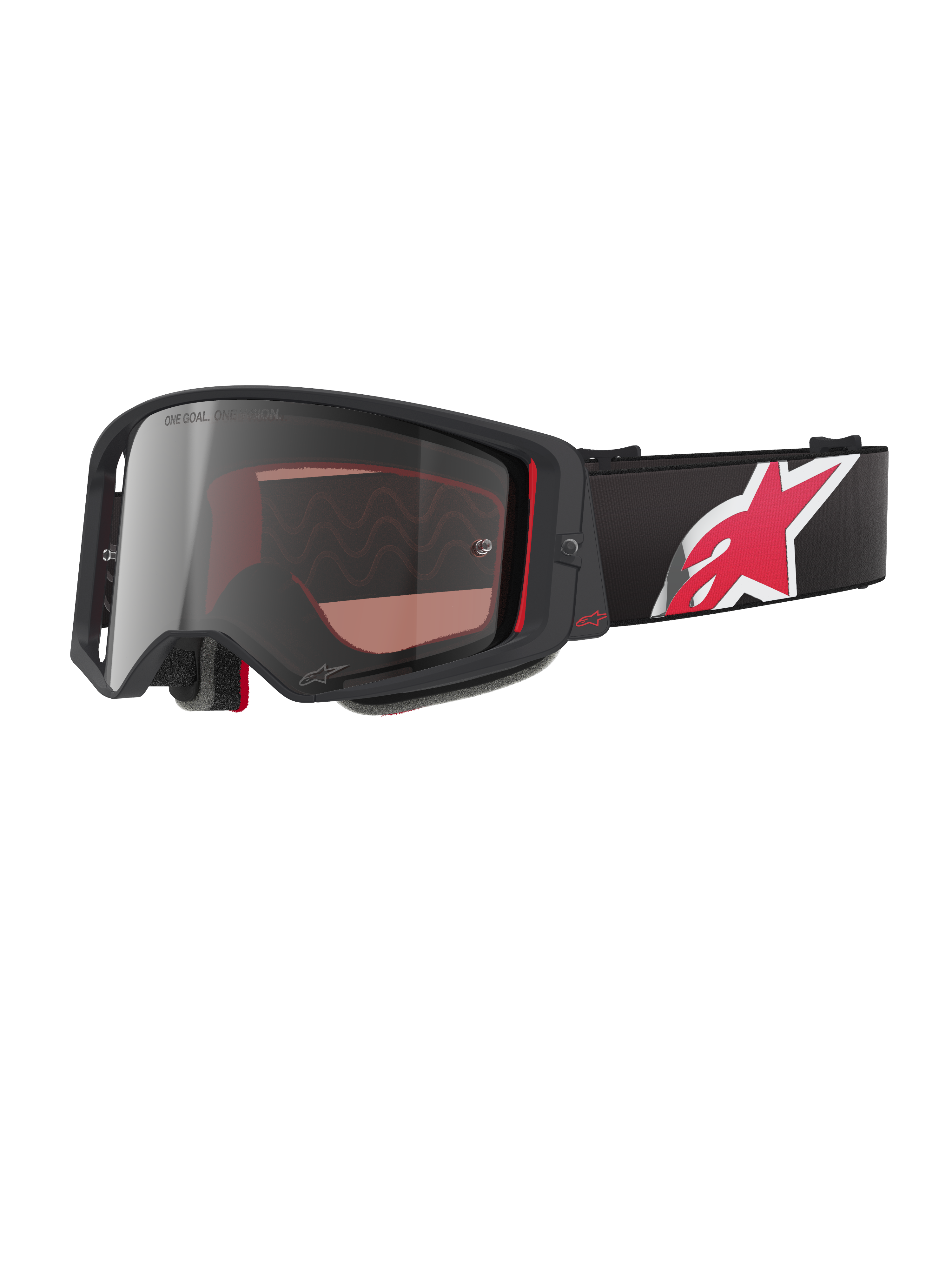 Alpinestars Supertech Corp Goggles Absolute Vision, gogle motocrossowe, czarno-czerwone ze srebrną lustrzaną soczewką, napis "ONE GOAL. ONE VISION.", czarny pasek z dużym czerwono-białym logo gwiazdy, kanciasta oprawka z piankowym wyściełaniem, profesjonalna ochrona oczu off-road