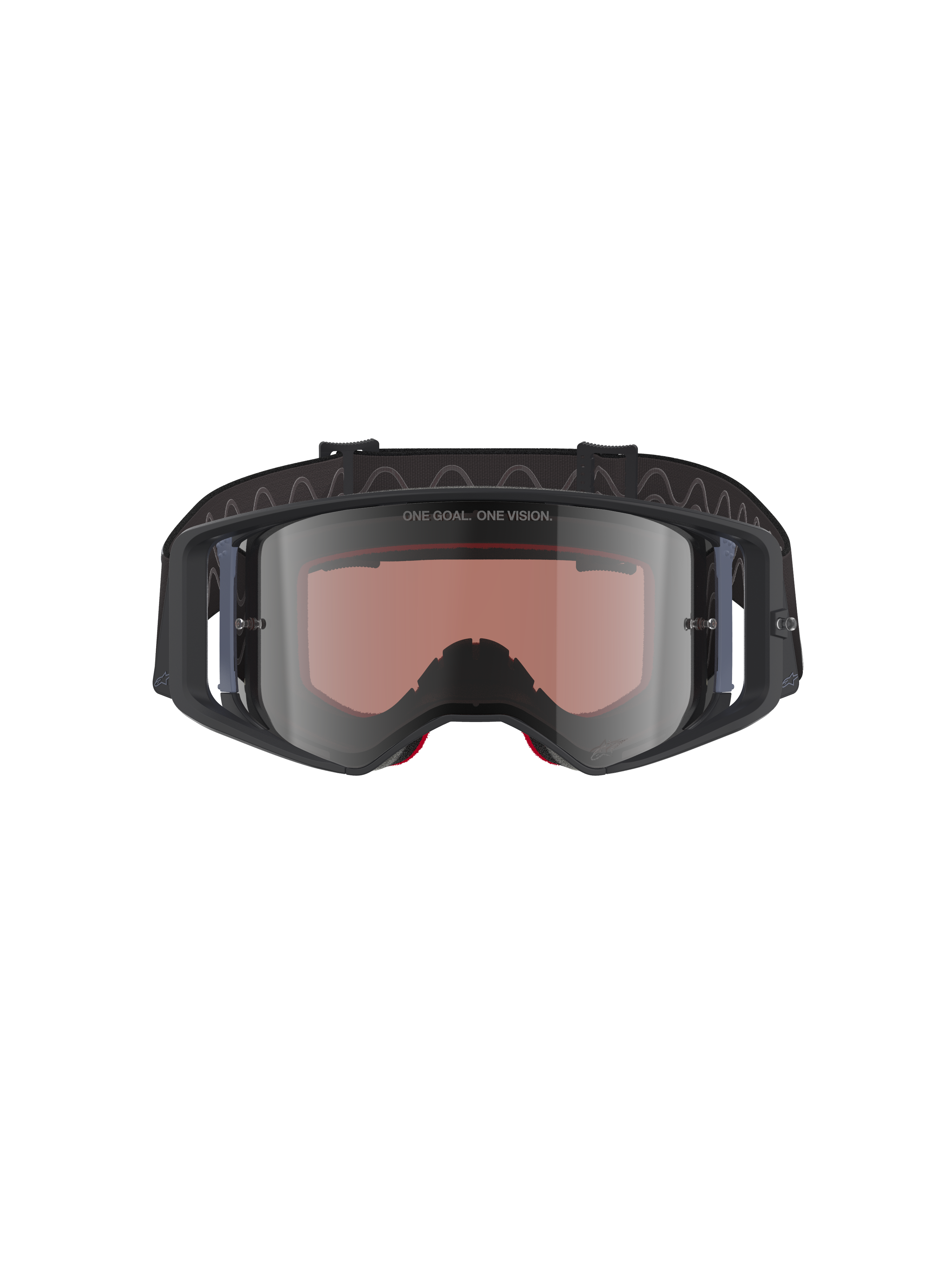 Alpinestars Supertech Corp Goggles Absolute Vision, Motocross Goggles, Black Grey Mirror Silver, featuring "ONE GOAL. ONE VISION." text on lens, wide-view polycarbonate lens, high-performance eye protection for off-road racing
