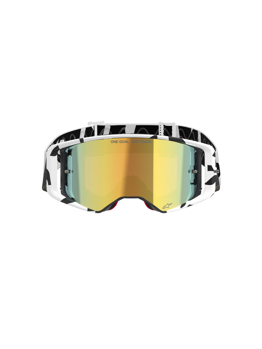 Gogle Alpinestars Supertech Corp Absolute Vision, gogle motocrossowe, biało-złote lustrzane, z czarno-białą grafiką na oprawce i pasku, złota lustrzana soczewka z napisem „ONE GOAL. ONE VISION.”, zaawansowane gogle off-road