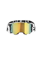 Gogle Alpinestars Supertech Corp Absolute Vision, gogle motocrossowe, biało-złote lustrzane, z czarno-białą grafiką na oprawce i pasku, złota lustrzana soczewka z napisem „ONE GOAL. ONE VISION.”, zaawansowane gogle off-road