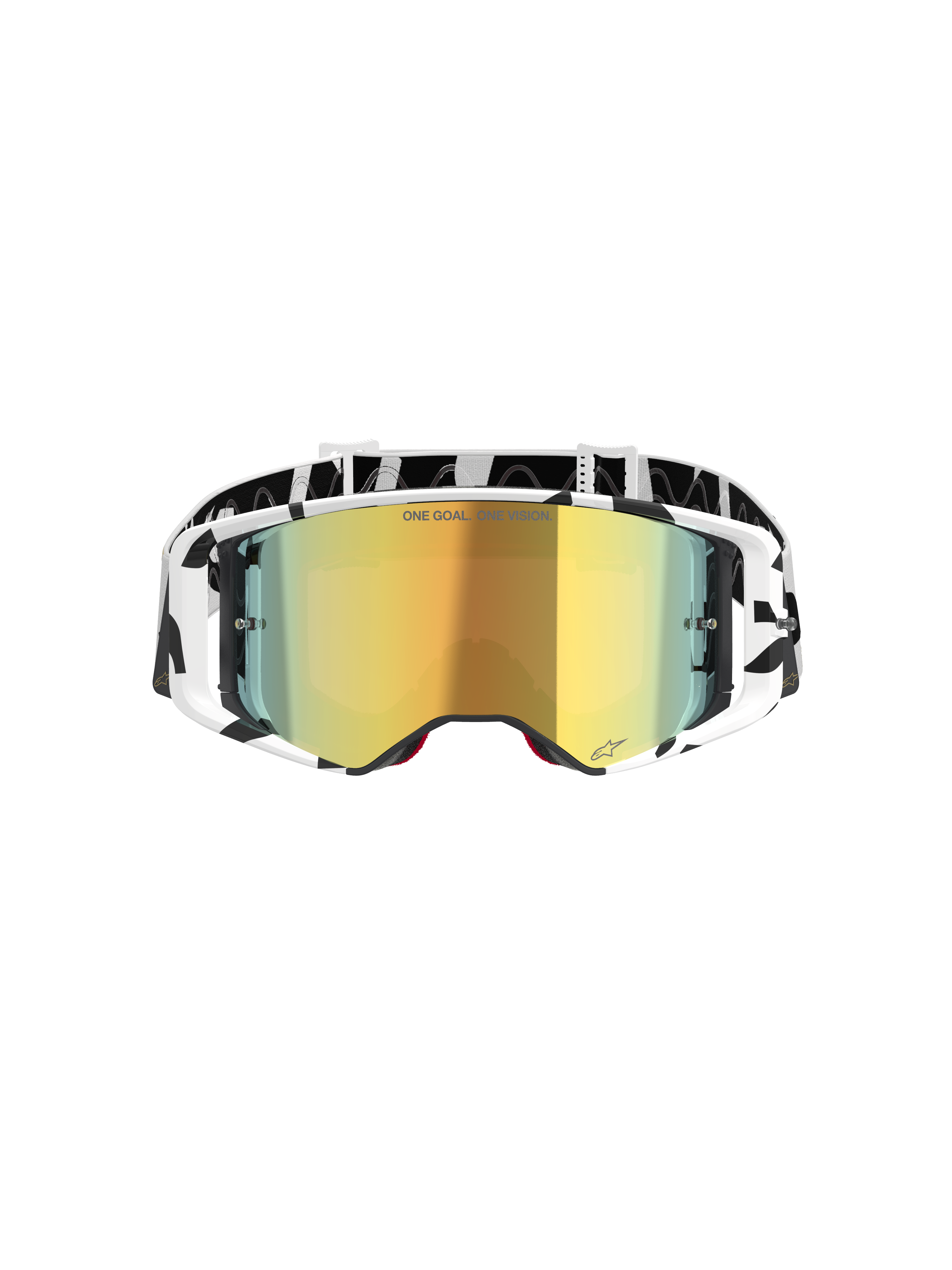 Gogle Alpinestars Supertech Corp Absolute Vision, gogle motocrossowe, biało-złote lustrzane, z czarno-białą grafiką na oprawce i pasku, złota lustrzana soczewka z napisem „ONE GOAL. ONE VISION.”, zaawansowane gogle off-road