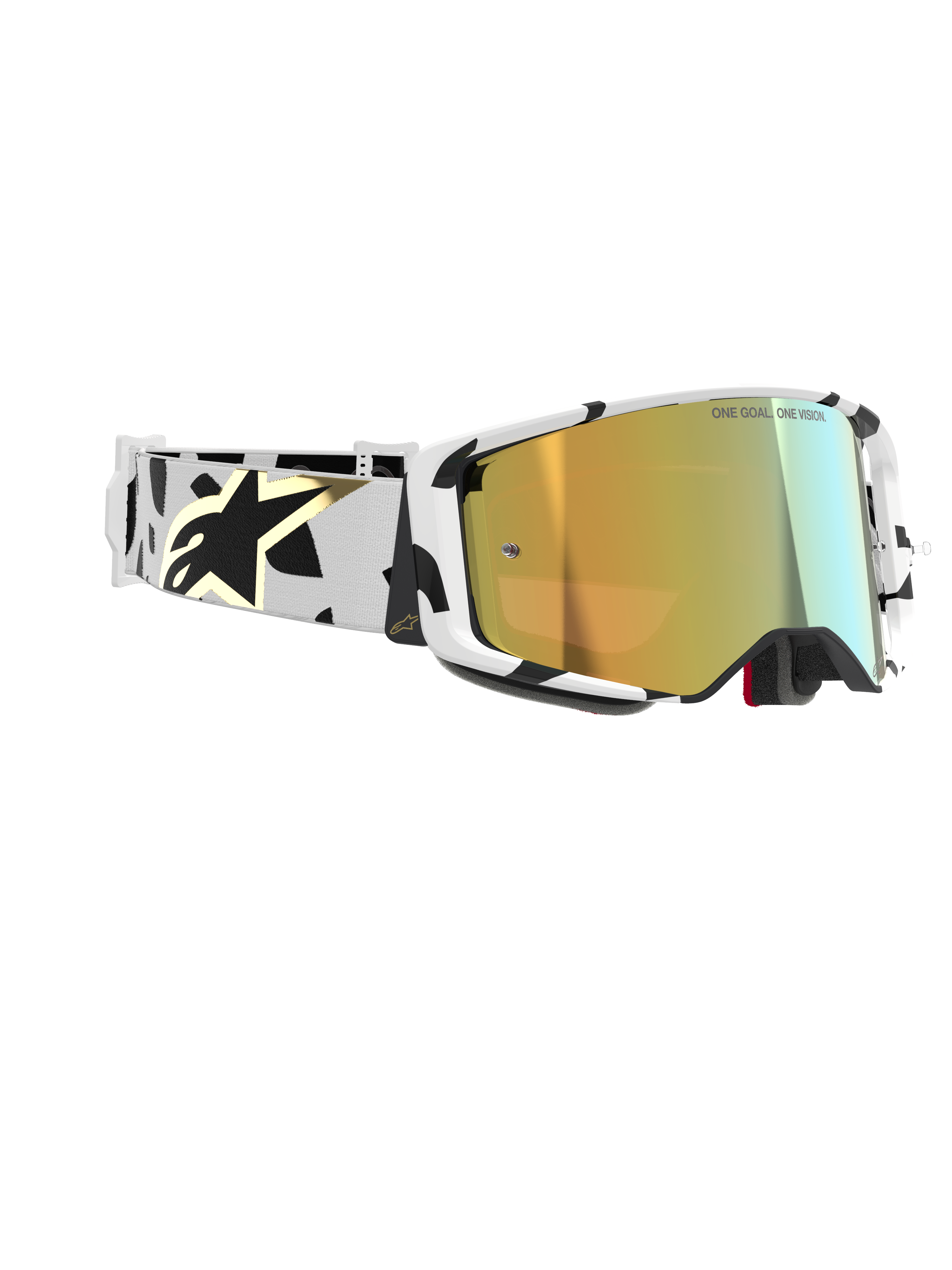 Alpinestars Supertech Corp Goggles Absolute Vision, gogle motocrossowe, biała oprawka z czarnymi wzorami graficznymi, złota lustrzana soczewka, biało-czarny pasek ze złotym logo Alpinestars, wysokiej klasy ochronne gogle wyścigowe