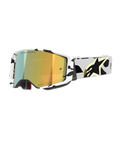 Alpinestars Supertech Corp Goggles Absolute Vision, gogle motocrossowe, biało-czarna wzorzysta oprawka ze złotą lustrzaną soczewką, szeroki pasek z czarnym abstrakcyjnym wzorem i złotym logo Alpinestars, napis "ONE GOAL. ONE VISION." na soczewce, wysokiej klasy sprzęt wyścigowy