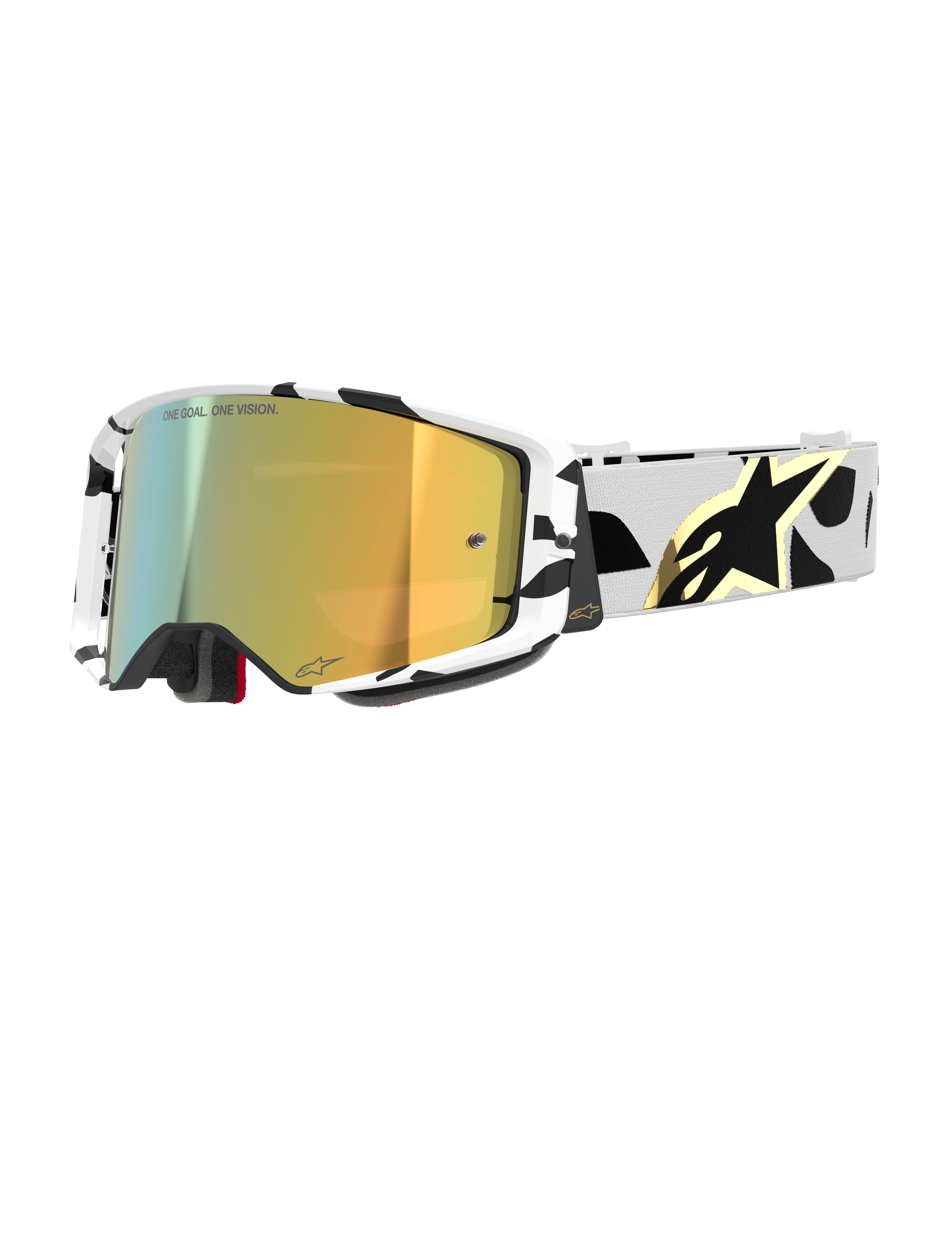 Alpinestars Supertech Corp Goggles Absolute Vision, gogle motocrossowe, biało-czarna wzorzysta oprawka ze złotą lustrzaną soczewką, szeroki pasek z czarnym abstrakcyjnym wzorem i złotym logo Alpinestars, napis "ONE GOAL. ONE VISION." na soczewce, wysokiej klasy sprzęt wyścigowy