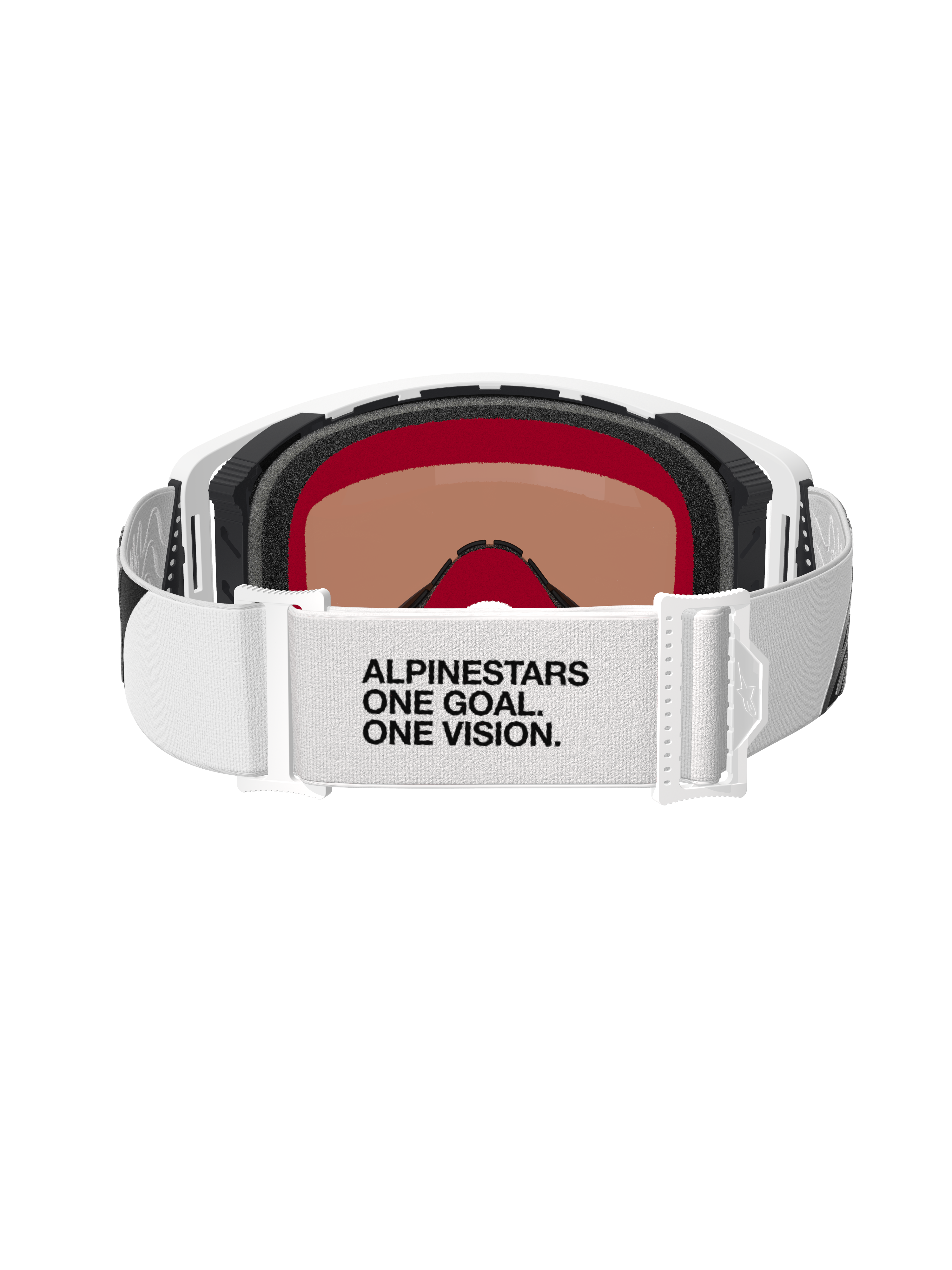 Gogle Alpinestars Supertech Corp Absolute Vision, gogle motocrossowe, białe ze srebrną lustrzanką, widok z tyłu przedstawiający biały pasek z napisem „ALPINESTARS ONE GOAL. ONE VISION.”, wielowarstwowa pianka i nowoczesny design białych oprawek