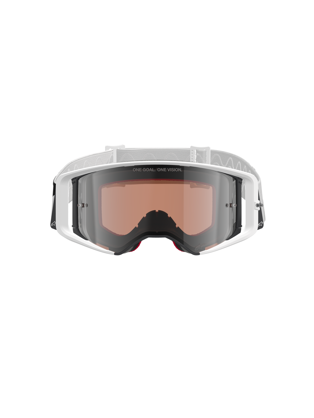 Gogle Alpinestars Supertech Corp Absolute Vision, gogle motocrossowe, białe ze srebrną lustrzaną soczewką, widok z przodu z białą oprawką i srebrną lustrzaną soczewką z napisem „ONE GOAL. ONE VISION.”, regulowany biały pasek z logo Alpinestars, wysokiej klasy gogle ochronne do jazdy off-road