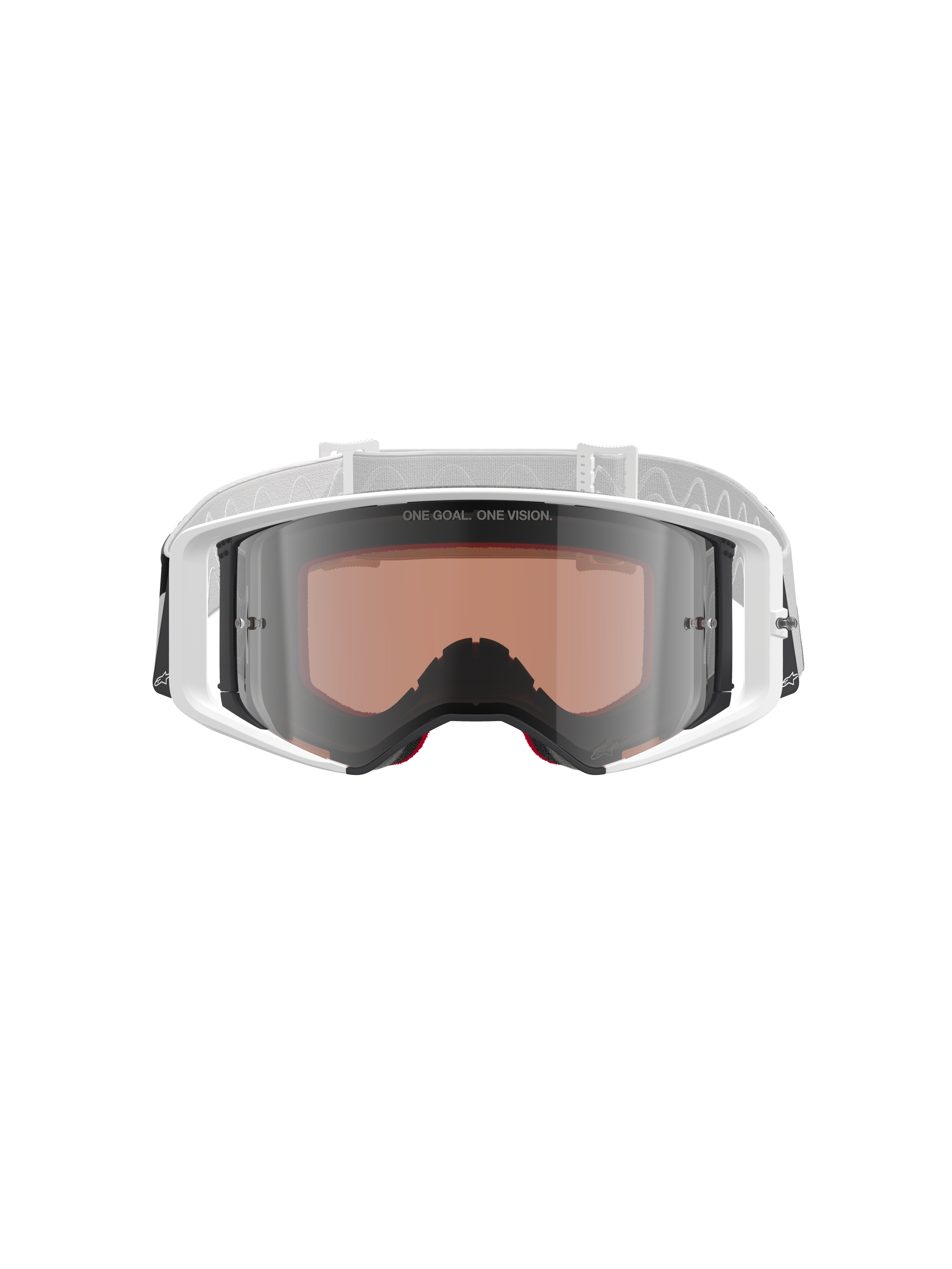 Gogle Alpinestars Supertech Corp Absolute Vision, gogle motocrossowe, białe ze srebrną lustrzaną soczewką, widok z przodu z białą oprawką i srebrną lustrzaną soczewką z napisem „ONE GOAL. ONE VISION.”, regulowany biały pasek z logo Alpinestars, wysokiej klasy gogle ochronne do jazdy off-road