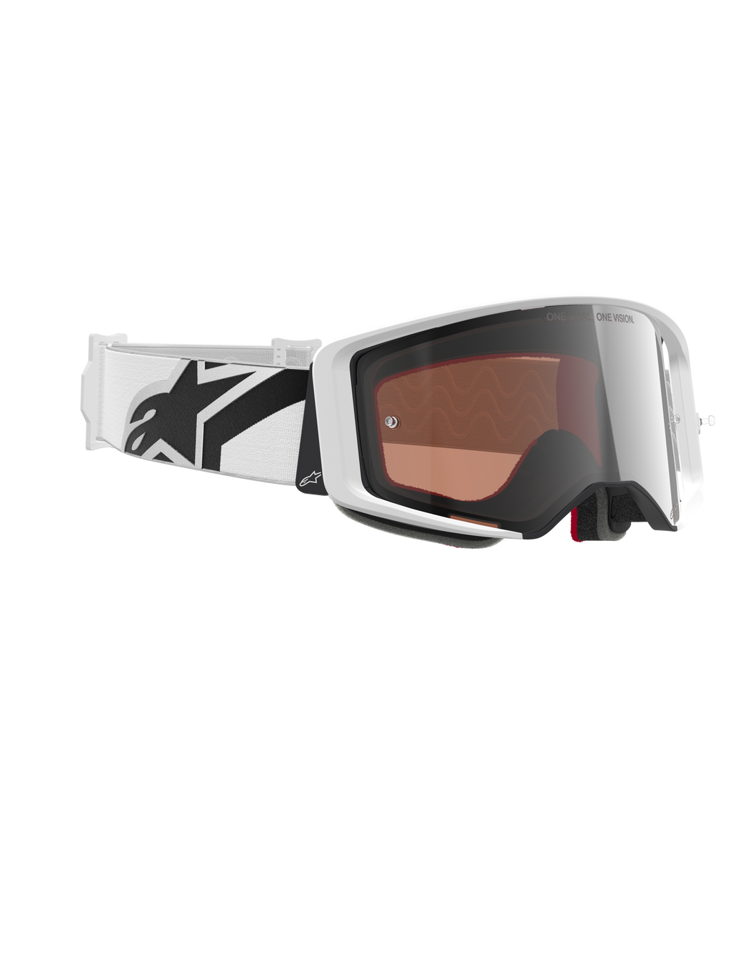Alpinestars Supertech Corp Goggles Absolute Vision, gogle motocrossowe, białe i srebrne lustrzane, biała oprawka z lustrzaną srebrną soczewką, szeroki biały regulowany pasek z wyraźnym czarnym logo gwiazdy, profesjonalne gogle do wyścigów terenowych