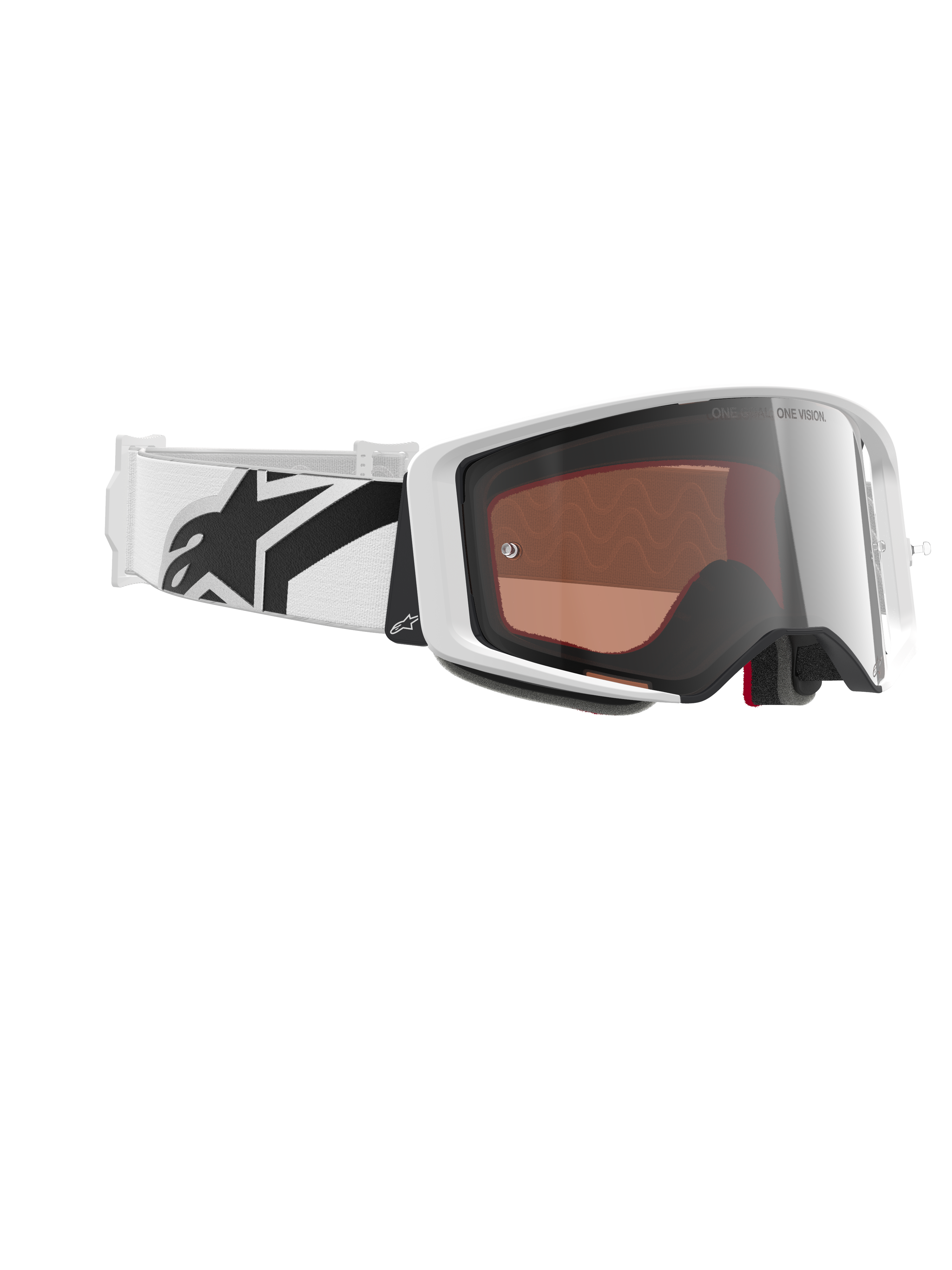 Alpinestars Supertech Corp Goggles Absolute Vision, gogle motocrossowe, białe i srebrne lustrzane, biała oprawka z lustrzaną srebrną soczewką, szeroki biały regulowany pasek z wyraźnym czarnym logo gwiazdy, profesjonalne gogle do wyścigów terenowych