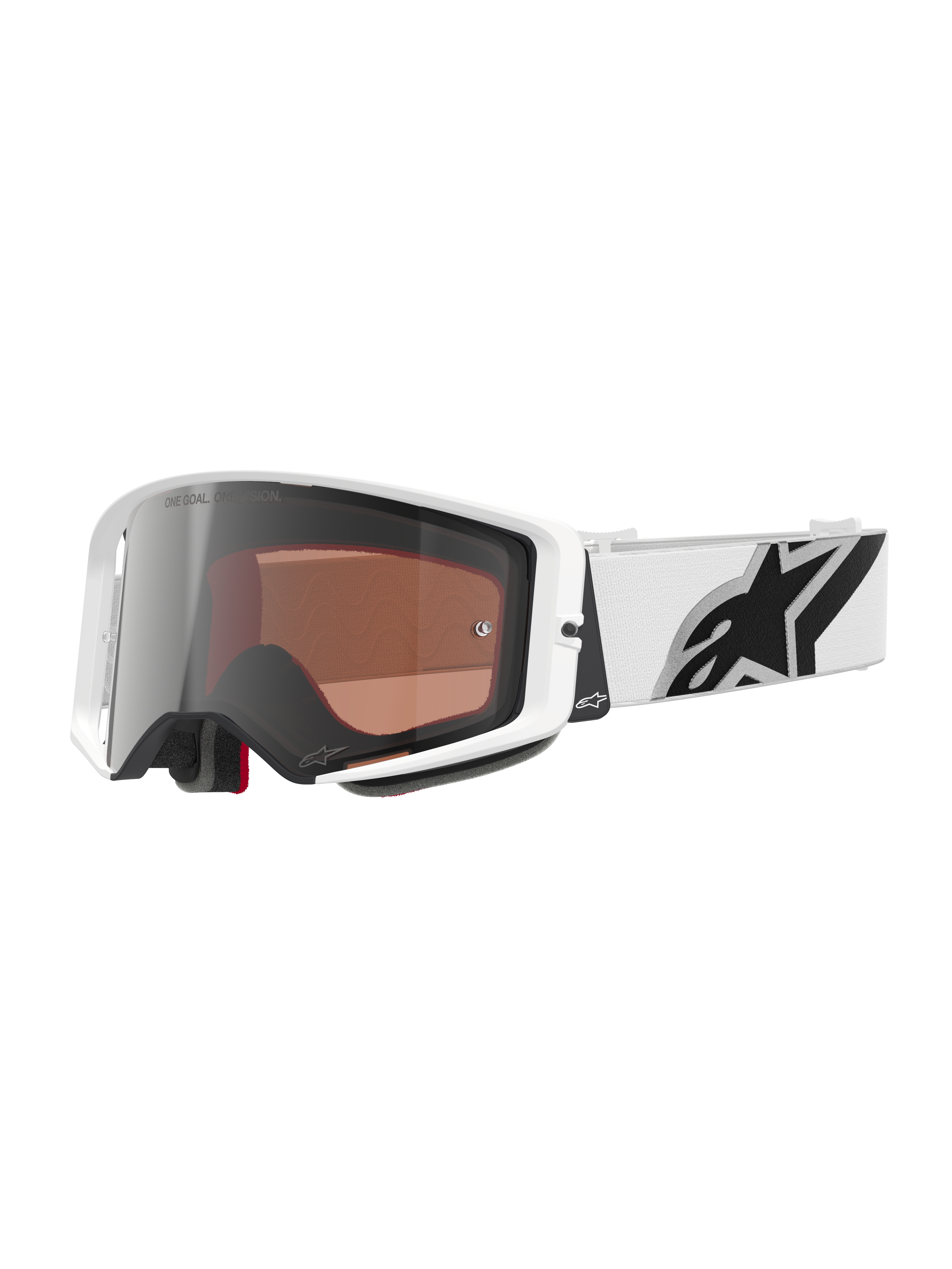 Alpinestars Supertech Corp Goggles Absolute Vision, gogle motocrossowe, biała oprawka ze srebrną lustrzaną soczewką, szeroki biały regulowany pasek z dużym czarnym logo gwiazdy Alpinestars, wysokiej klasy ochronne gogle do wyścigów off-road