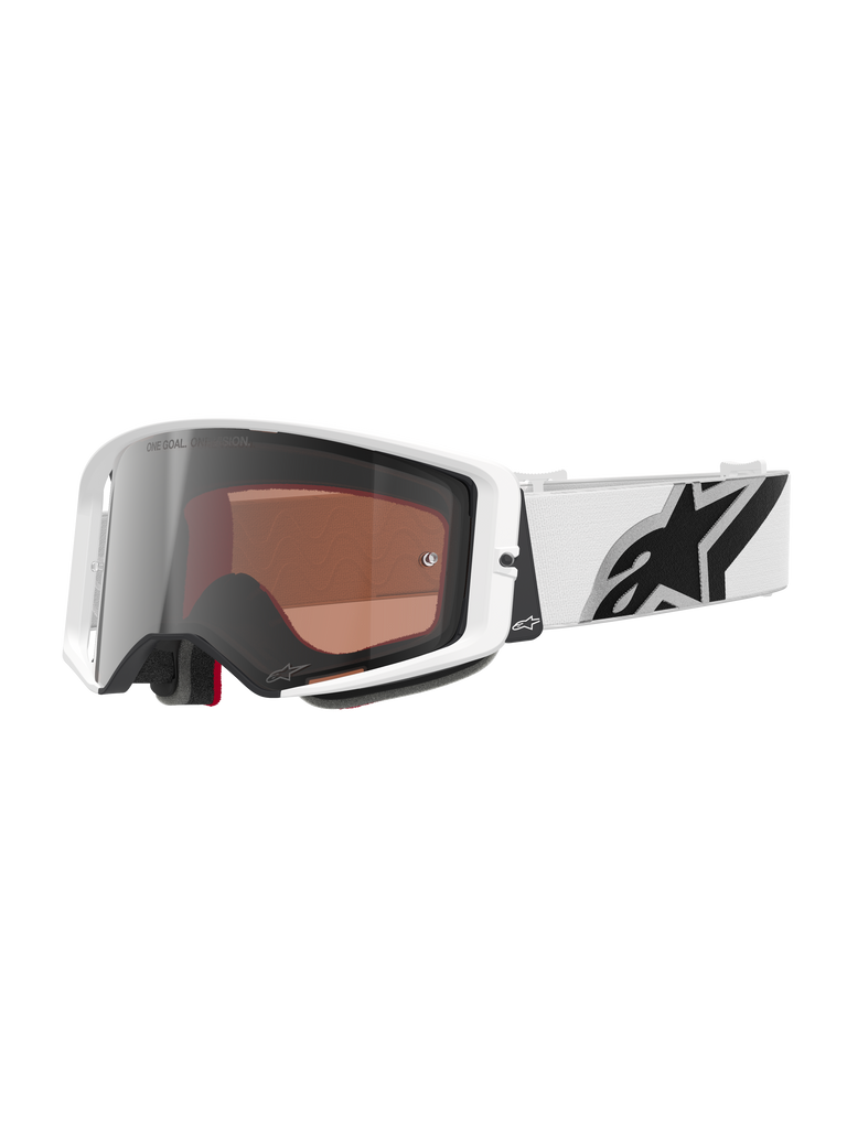 Alpinestars Supertech Corp Goggles Absolute Vision, gogle motocrossowe, biała oprawka ze srebrną lustrzaną soczewką, szeroki biały regulowany pasek z dużym czarnym logo gwiazdy Alpinestars, wysokiej klasy ochronne gogle do wyścigów off-road