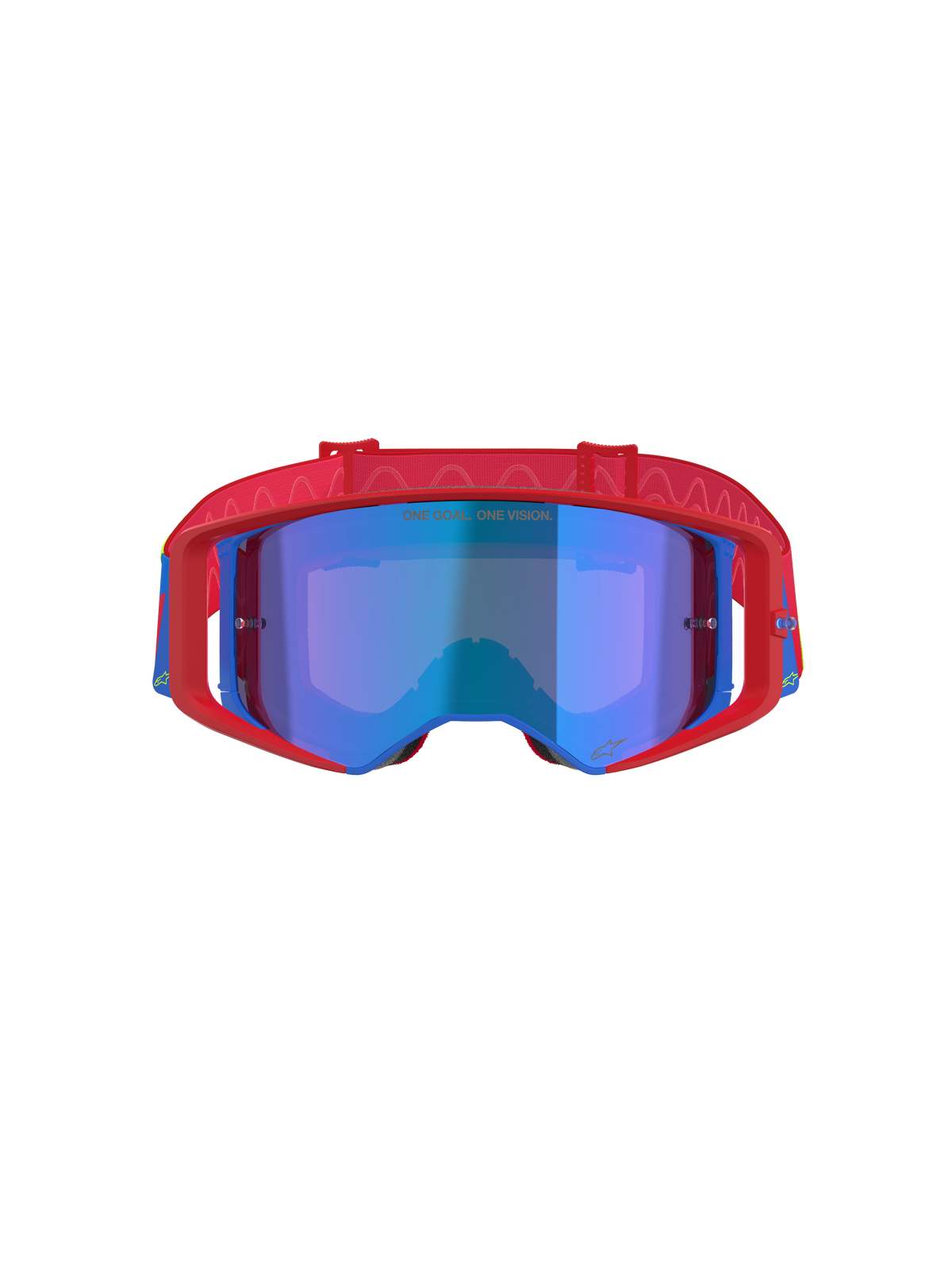 Gogle Alpinestars Supertech Corp Absolute Vision, gogle motocrossowe, czerwono-niebieskie z niebieską lustrzaną soczewką, wyrazista czerwona oprawka z niebieskimi akcentami, wzorzysty czerwony pasek i napis „ONE GOAL... ONE VISION.” na soczewce.