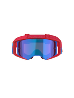 Gogle Alpinestars Supertech Corp Absolute Vision, gogle motocrossowe, czerwono-niebieskie z niebieską lustrzaną soczewką, wyrazista czerwona oprawka z niebieskimi akcentami, wzorzysty czerwony pasek i napis „ONE GOAL... ONE VISION.” na soczewce.