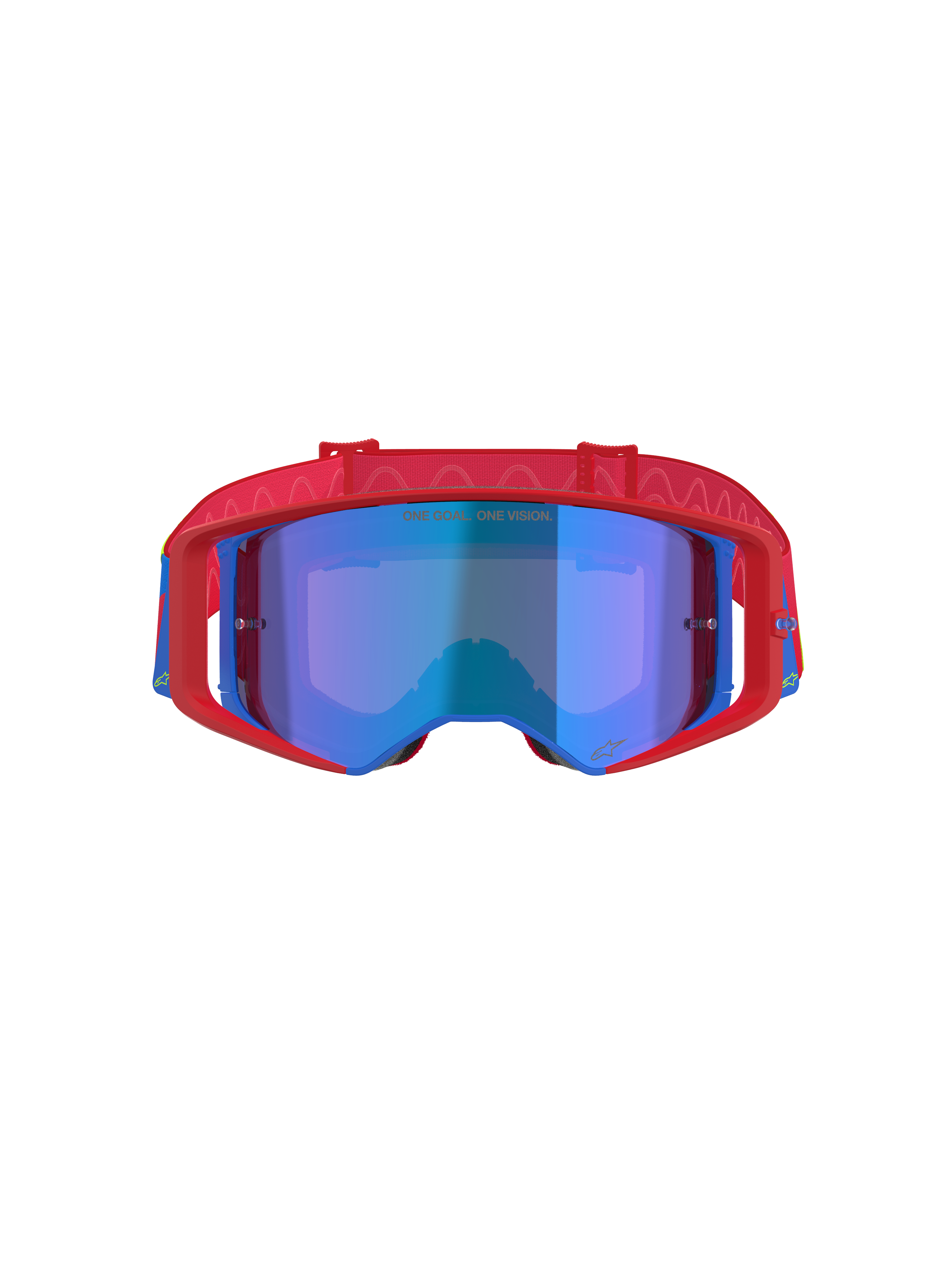 Gogle Alpinestars Supertech Corp Absolute Vision, gogle motocrossowe, czerwono-niebieskie z niebieską lustrzaną soczewką, wyrazista czerwona oprawka z niebieskimi akcentami, wzorzysty czerwony pasek i napis „ONE GOAL... ONE VISION.” na soczewce.