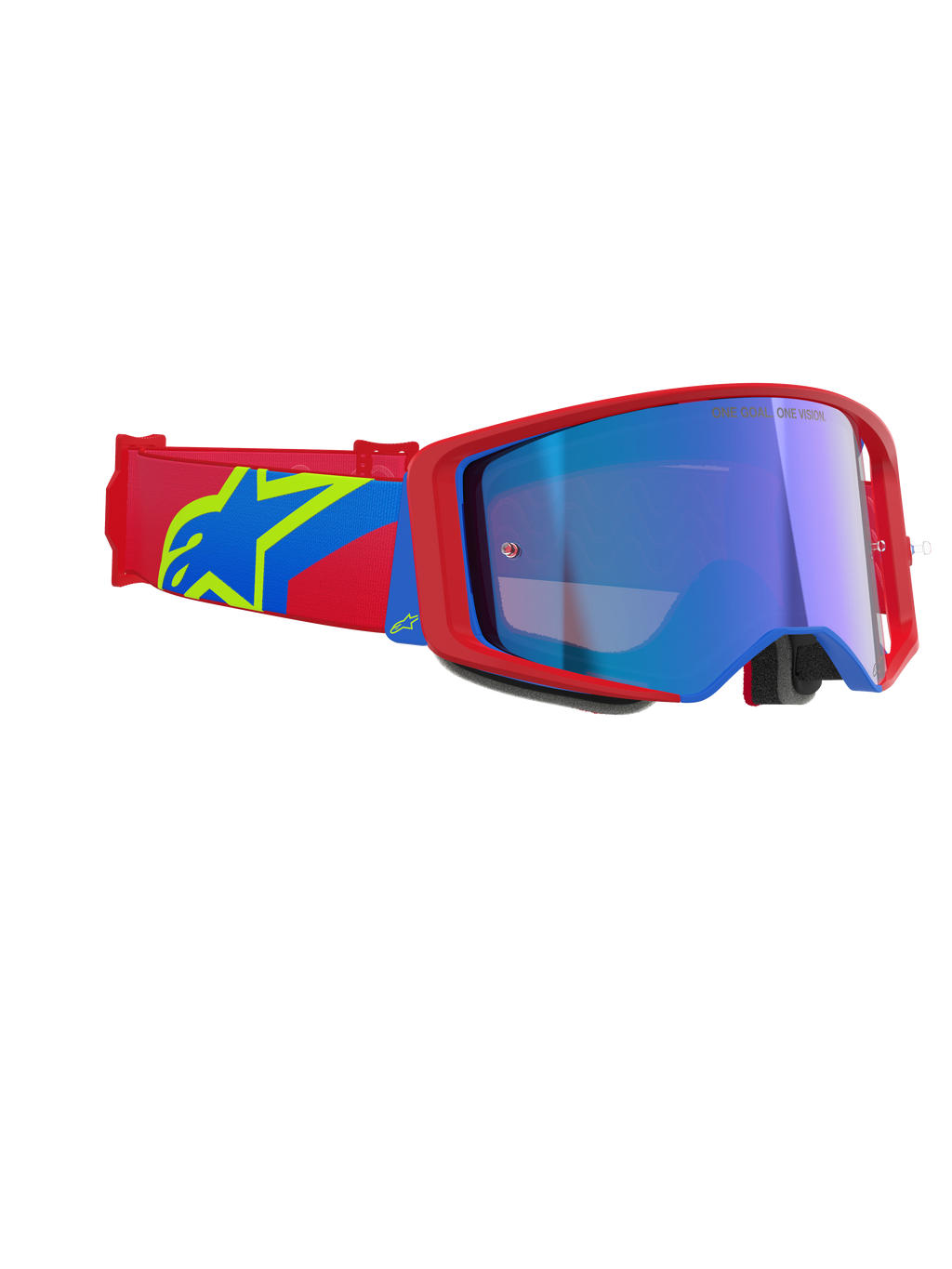Alpinestars Supertech Corp Goggles Absolute Vision, gogle motocrossowe, czerwono-niebieska oprawka z niebieską lustrzaną soczewką, czerwono-niebieski pasek z żółtym logo gwiazdy Alpinestars, profesjonalne gogle wyścigowe off-road