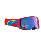 Alpinestars Supertech Corp Goggles Absolute Vision, gogle motocrossowe, czerwono-niebieska oprawka z niebieską lustrzaną soczewką, czerwono-niebieski pasek z żółtym logo gwiazdy Alpinestars, profesjonalne gogle wyścigowe off-road