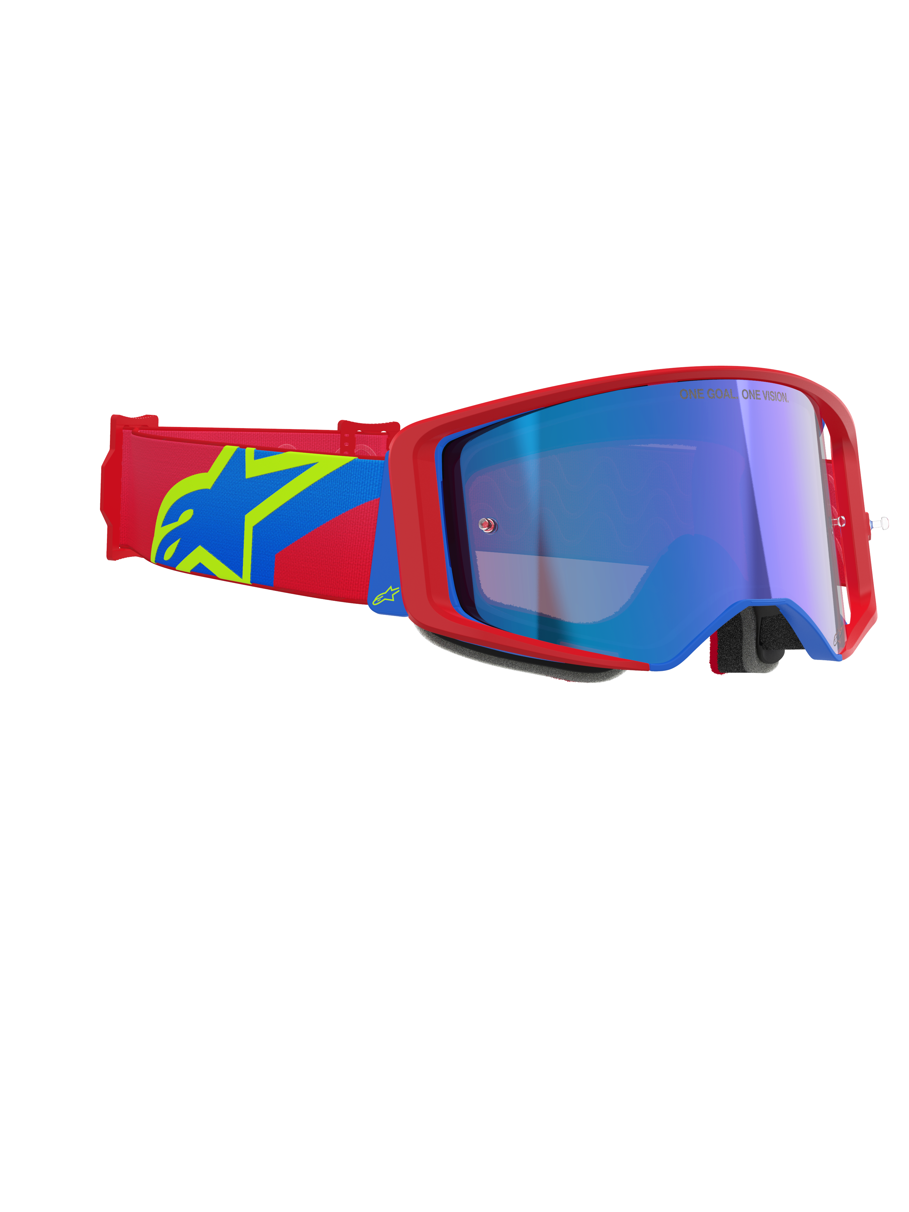 Alpinestars Supertech Corp Goggles Absolute Vision, gogle motocrossowe, czerwono-niebieska oprawka z niebieską lustrzaną soczewką, czerwono-niebieski pasek z żółtym logo gwiazdy Alpinestars, profesjonalne gogle wyścigowe off-road