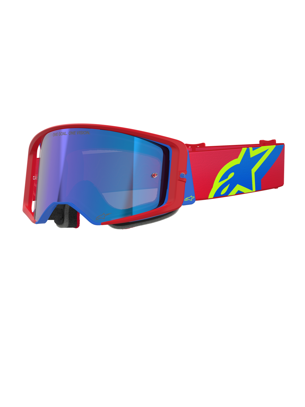 Alpinestars Supertech Corp Goggles Absolute Vision, gogle motocrossowe, czerwono-niebieska oprawka z niebieską lustrzaną soczewką, czerwony pasek z wyraźnym żółto-niebieskim logo Alpinestars, wysokiej klasy okulary do jazdy terenowej i wyścigowej