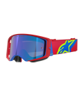Alpinestars Supertech Corp Goggles Absolute Vision, gogle motocrossowe, czerwono-niebieska oprawka z niebieską lustrzaną soczewką, czerwony pasek z wyraźnym żółto-niebieskim logo Alpinestars, wysokiej klasy okulary do jazdy terenowej i wyścigowej