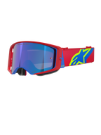 Alpinestars Supertech Corp Goggles Absolute Vision, gogle motocrossowe, czerwono-niebieska oprawka z niebieską lustrzaną soczewką, czerwony pasek z wyraźnym żółto-niebieskim logo Alpinestars, wysokiej klasy okulary do jazdy terenowej i wyścigowej