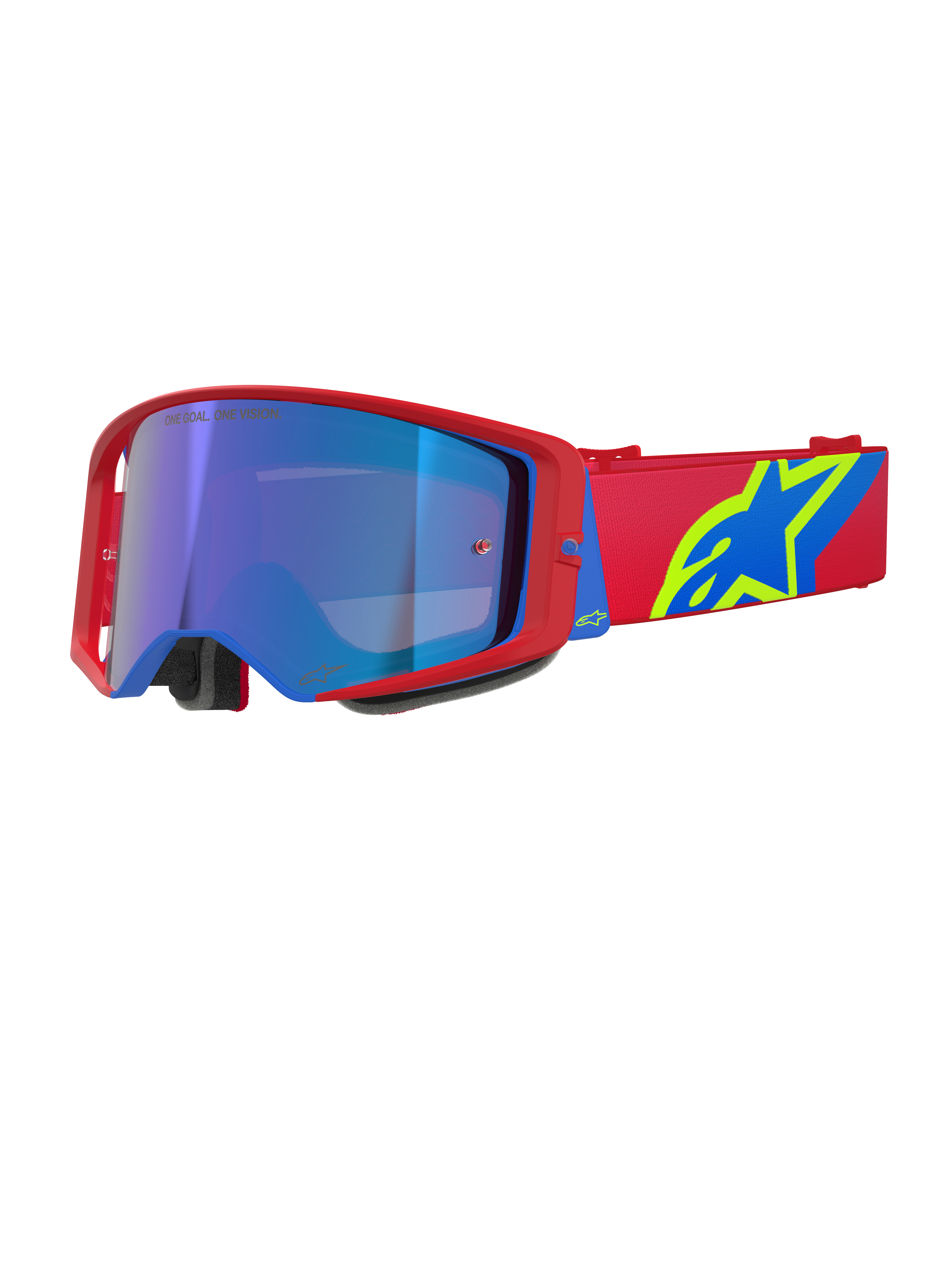 Alpinestars Supertech Corp Goggles Absolute Vision, gogle motocrossowe, czerwono-niebieska oprawka z niebieską lustrzaną soczewką, czerwony pasek z wyraźnym żółto-niebieskim logo Alpinestars, wysokiej klasy okulary do jazdy terenowej i wyścigowej