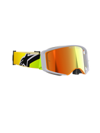 Alpinestars Gogle Supertech Corp Absolute Vision, gogle motocrossowe, żółte fluo i szare, czerwona lustrzana soczewka, widok z boku ukazujący szerokie pole widzenia peryferyjnego i żółty pasek fluo z wyraźnym czarnym logo Alpinestars, profesjonalny sprzęt do wyścigów off-road.