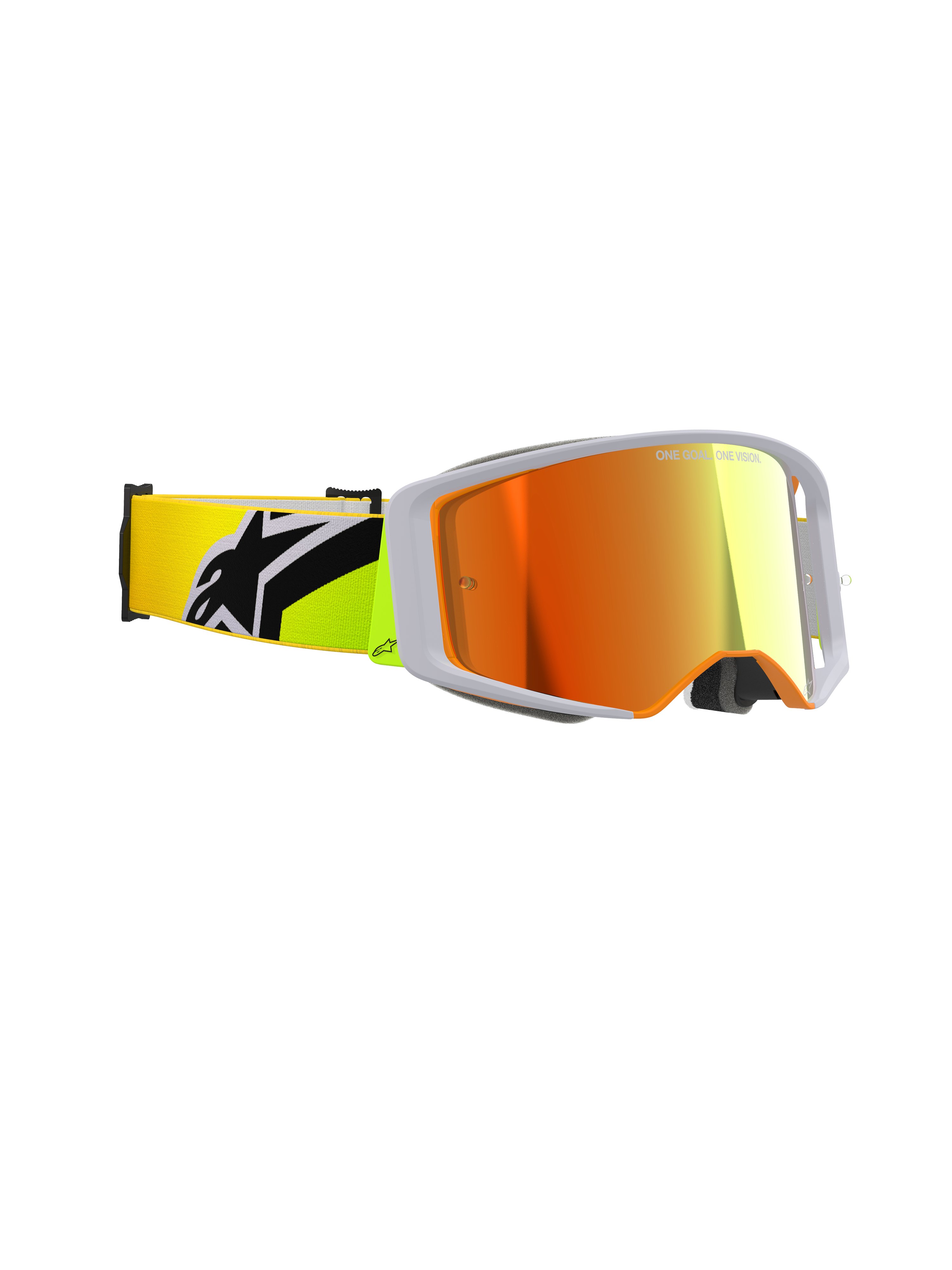 Alpinestars Gogle Supertech Corp Absolute Vision, gogle motocrossowe, żółte fluo i szare, czerwona lustrzana soczewka, widok z boku ukazujący szerokie pole widzenia peryferyjnego i żółty pasek fluo z wyraźnym czarnym logo Alpinestars, profesjonalny sprzęt do wyścigów off-road.