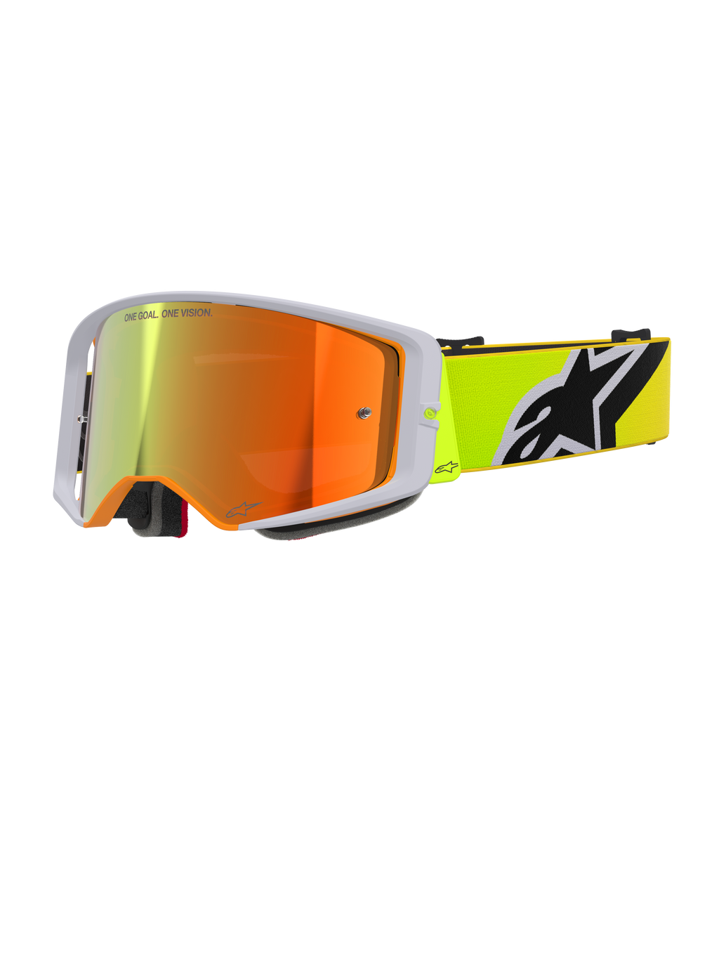 Gogle Alpinestars Supertech Corp Absolute Vision, gogle motocrossowe, żółty fluo i szary, czerwona lustrzana soczewka z napisem „One Goal. One Vision.”, neonowożółty pasek z wyraźnym czarno-białym logo Alpinestars, profesjonalne gogle off-road